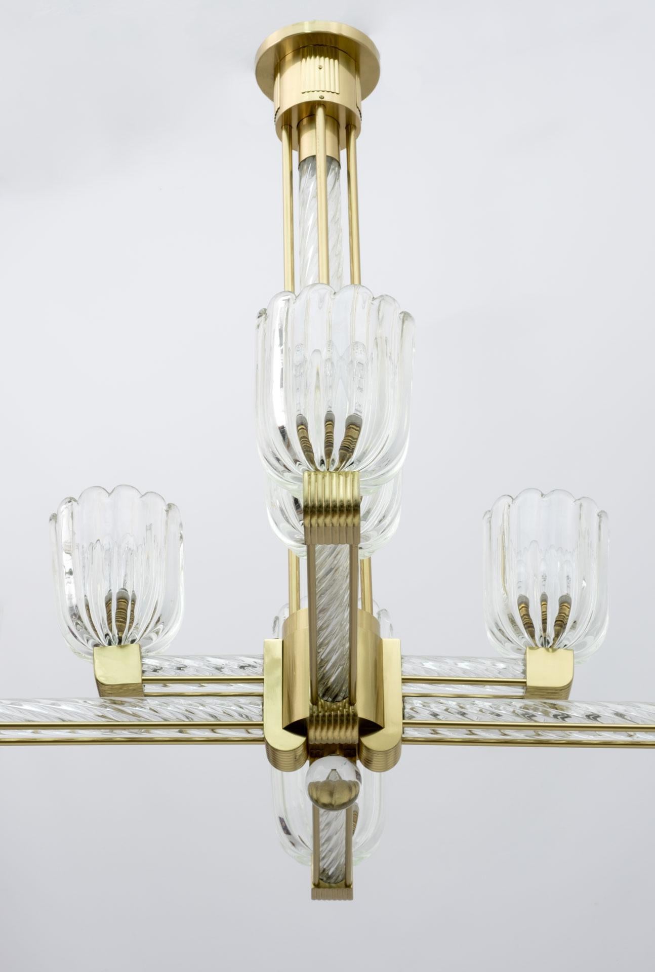 Mid-20th Century Rare Barovier & Toso Art Dèco Murano Glass and Brass Chandelier for Sciolari 30s For Sale
