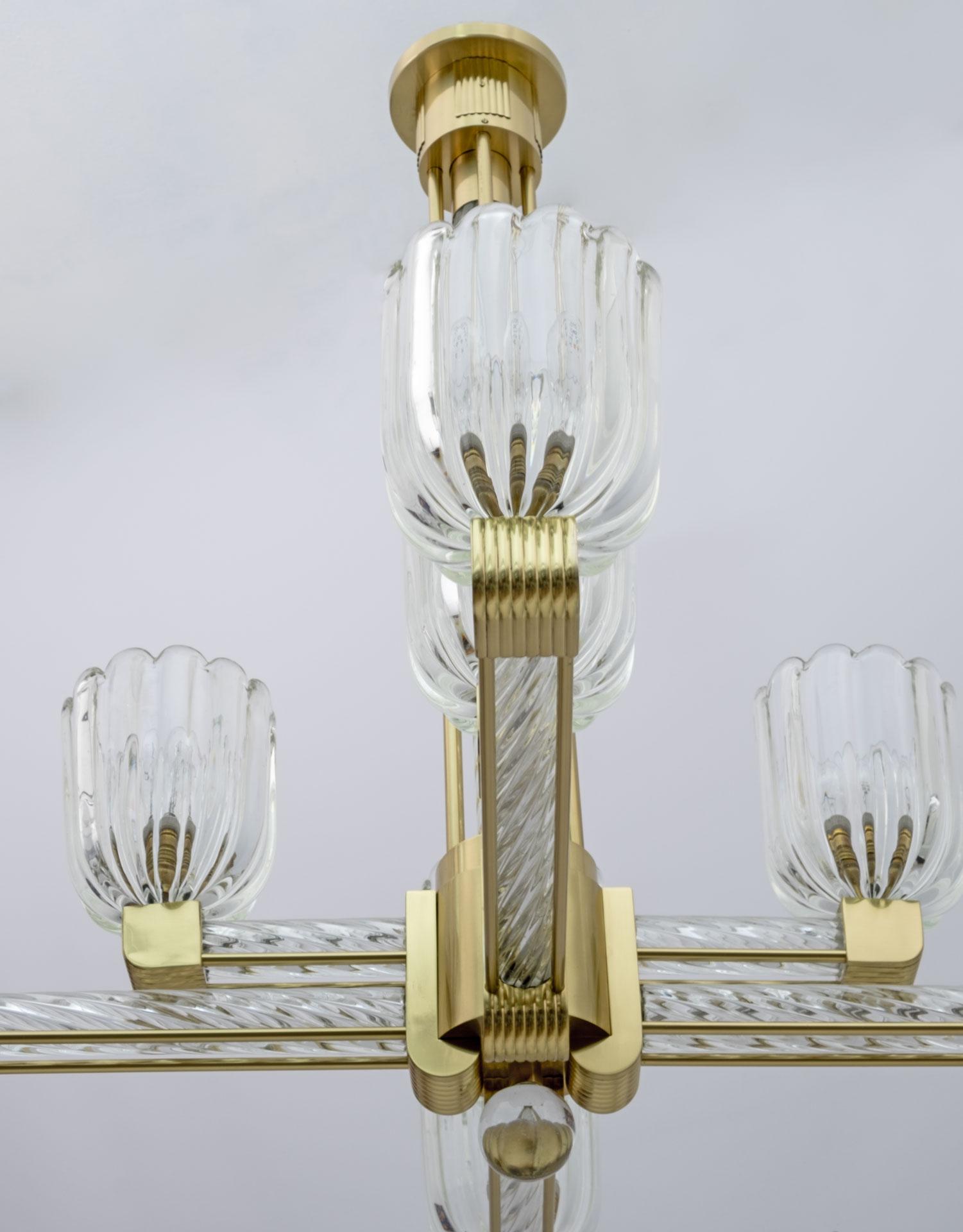 Rare Barovier & Toso Art Dèco Murano Glass and Brass Chandelier for Sciolari 30s For Sale 1