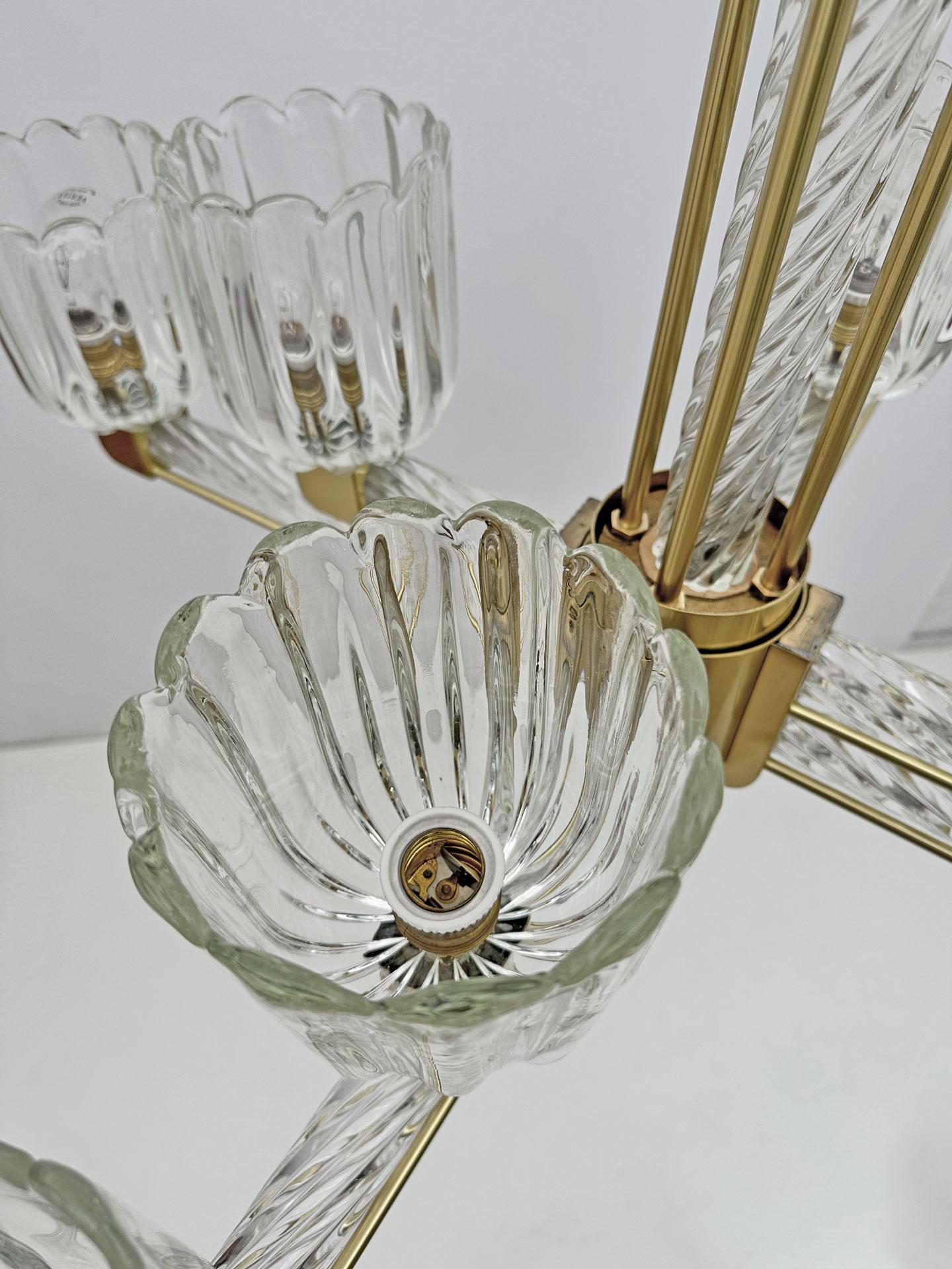 Rare Barovier & Toso Art Dèco Murano Glass and Brass Chandelier for Sciolari 30s For Sale 3