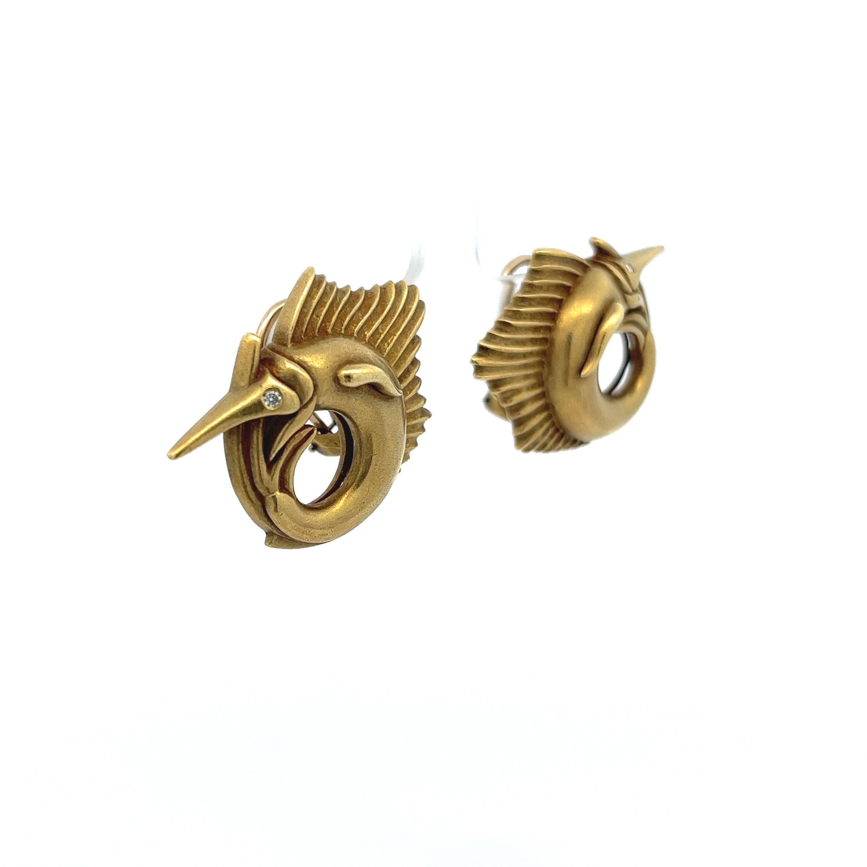 Round Cut Rare Barry Kieselstein-Cord Marlin 18 Karat Yellow Gold Clip-on Earrings .04ctw