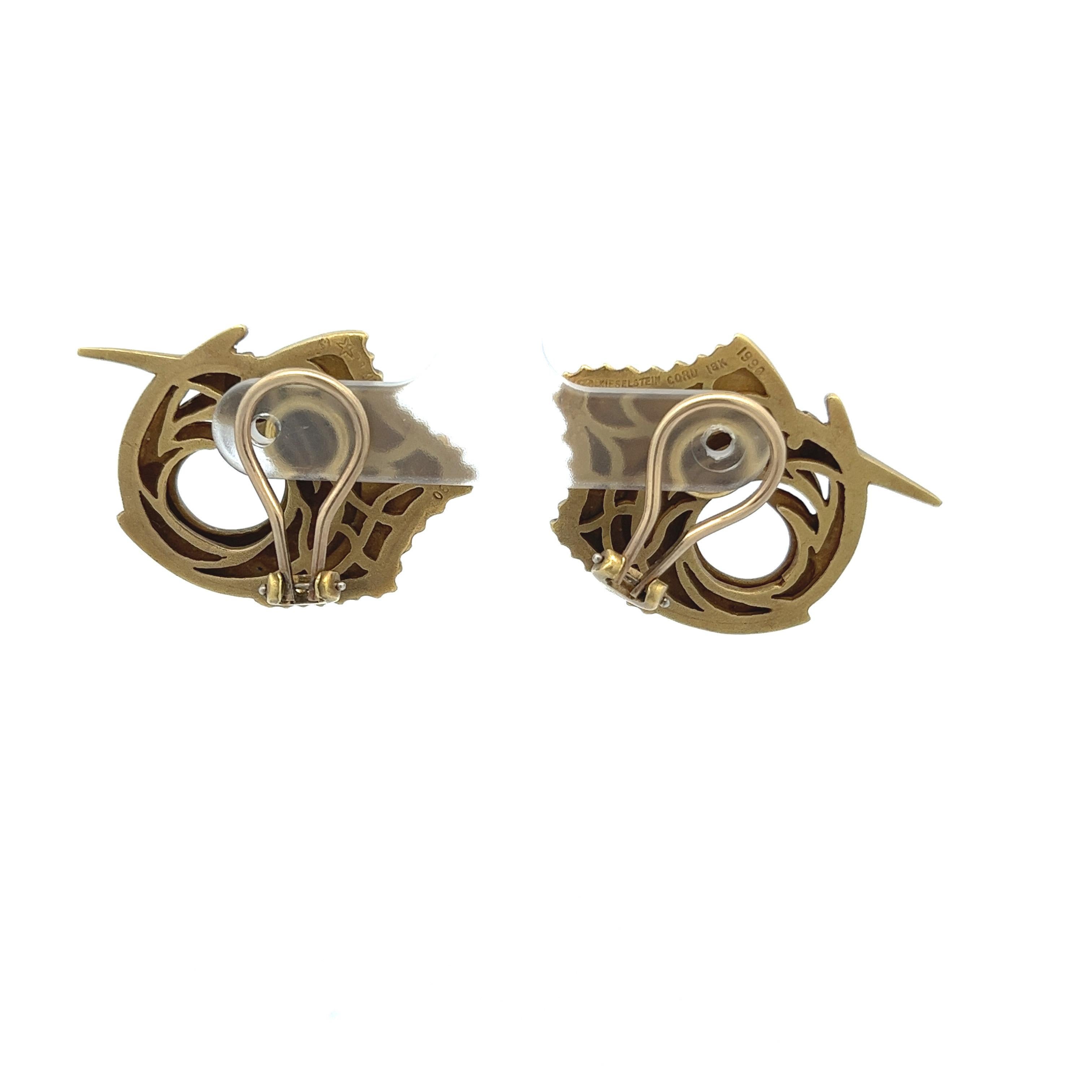 Rare Barry Kieselstein-Cord Marlin 18 Karat Yellow Gold Clip-on Earrings .04ctw In Good Condition In Fairfield, CT
