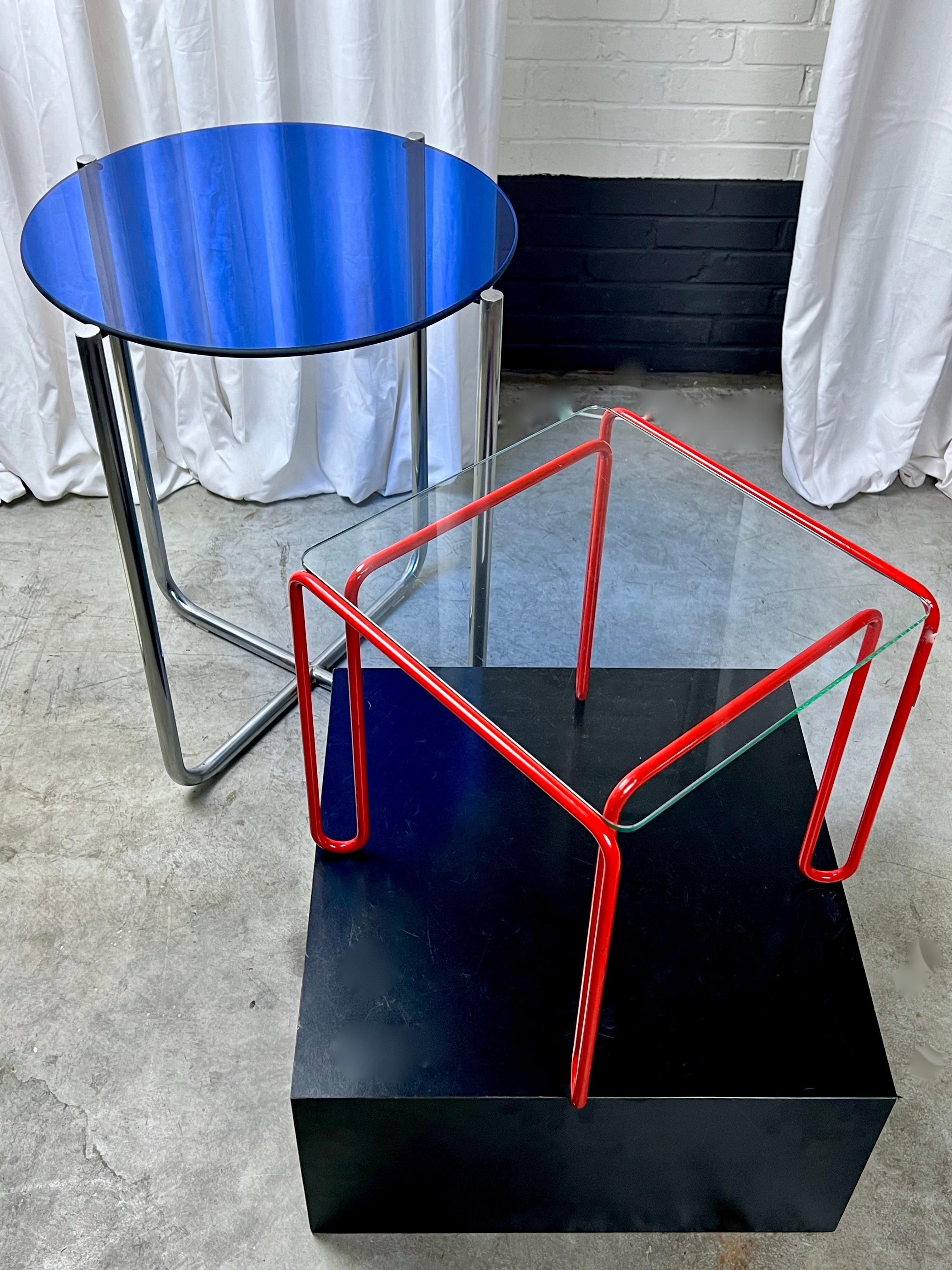 European Rare Bauhaus occasional high table with thick blue glass top For Sale