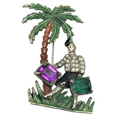 Rare Baumann Massa suitcase lady under palmtree brooch, Vintage 1930 USA