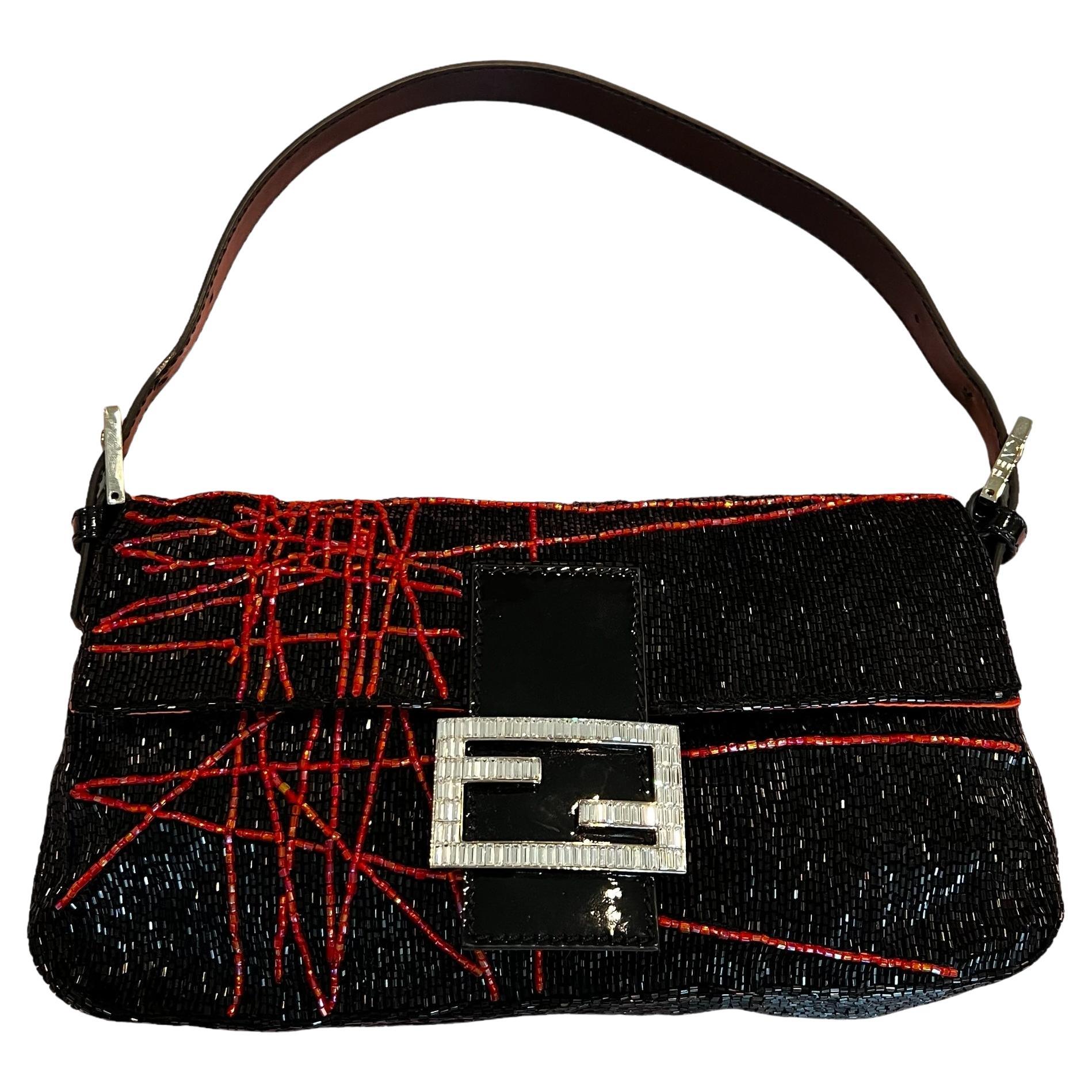 Rare Beaded Fendi Baguette Bag With Patent Leather & Swarovski Crystals For Sale