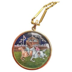 Magnifique et rare pendentif de course de chevaux ancien en or 18 carats