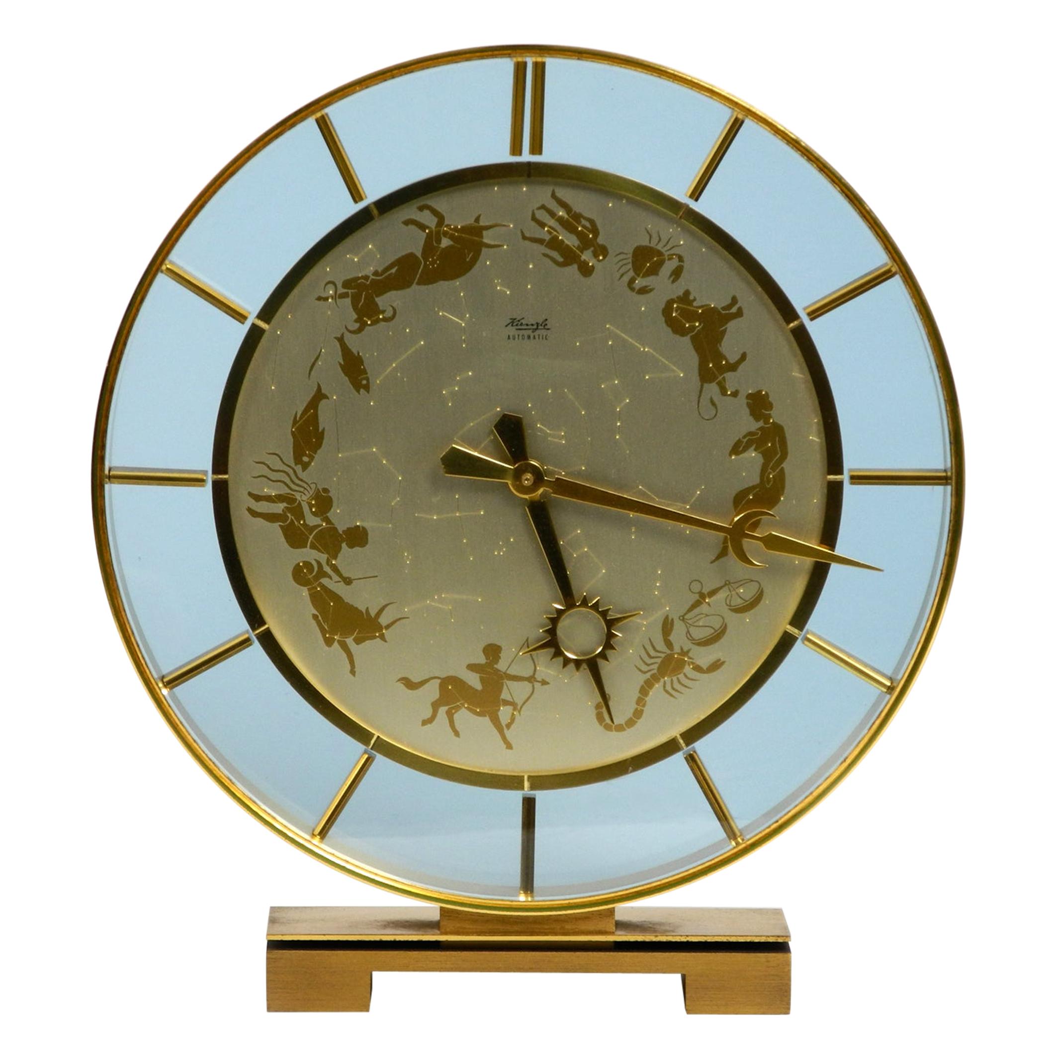 Rare Beautiful 1970s Big Kienzle Zodiac Table Clock Made of Heavy Brass