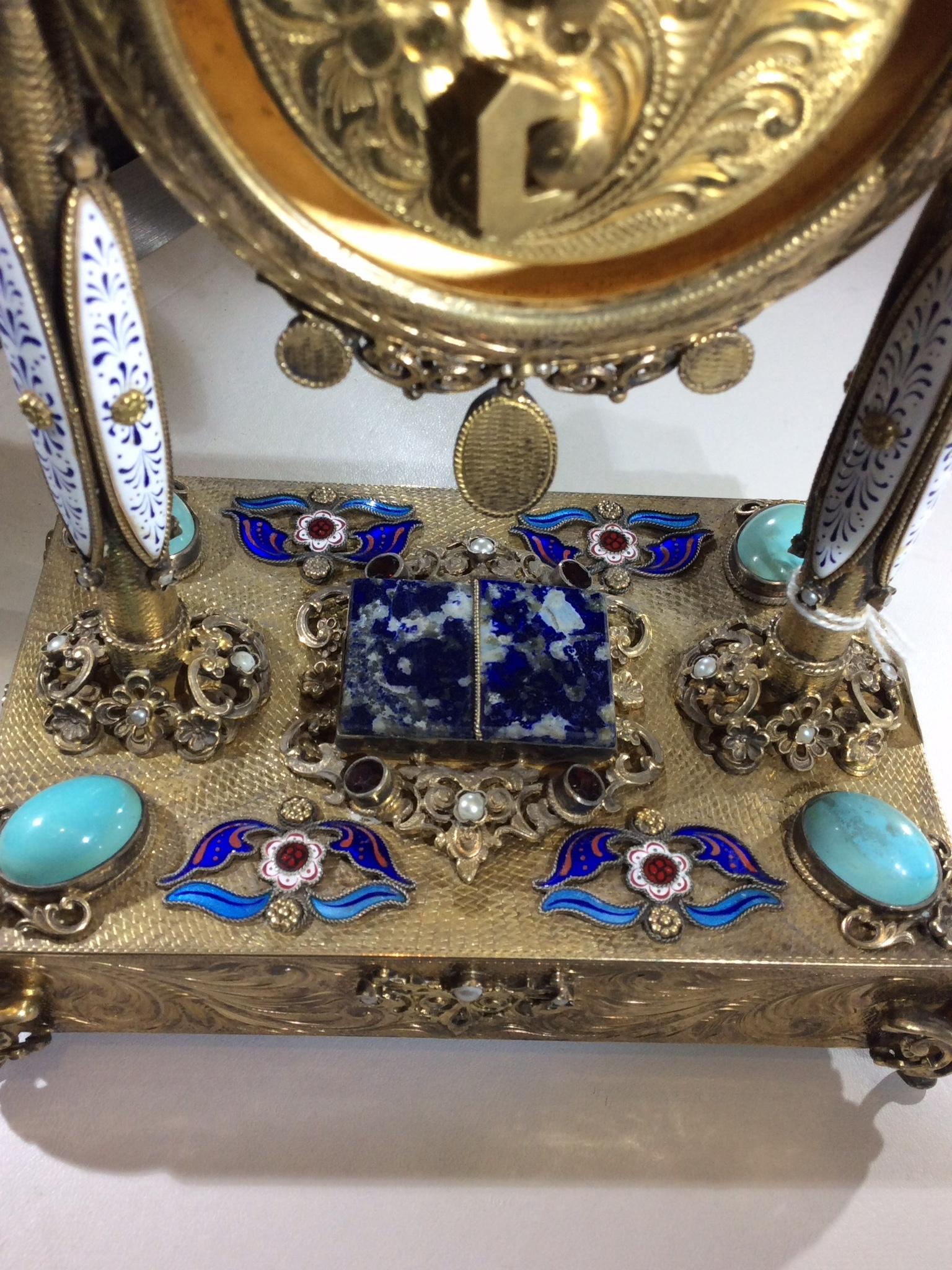 Bronze Rare 19th Century Silver Austrian Musical Clock with Enamel and Fine Stones For Sale