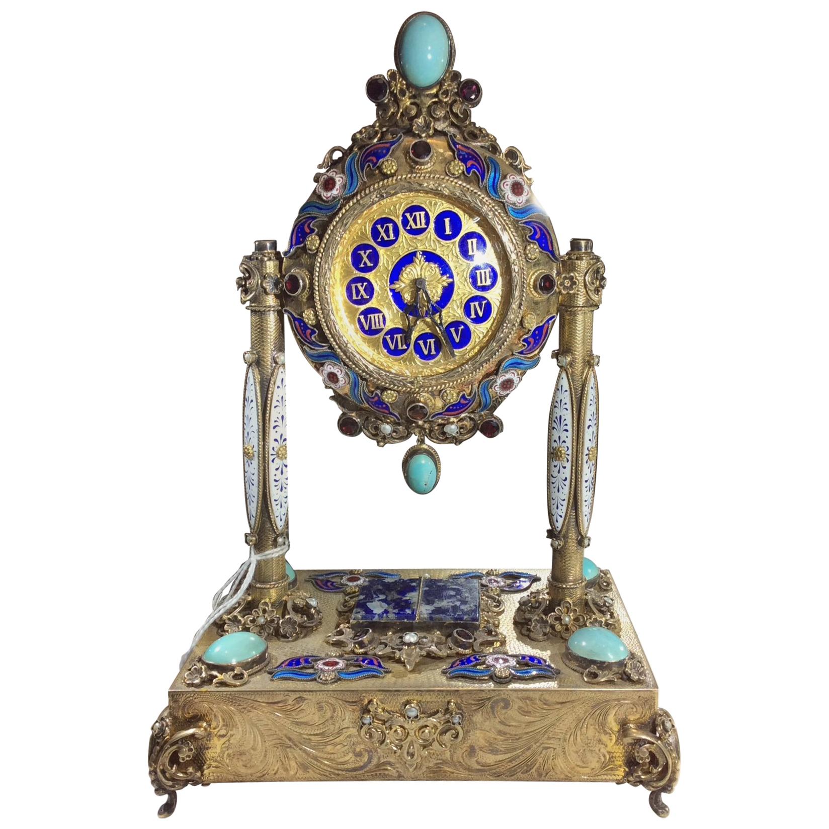 Rare 19th Century Silver Austrian Musical Clock with Enamel and Fine Stones For Sale