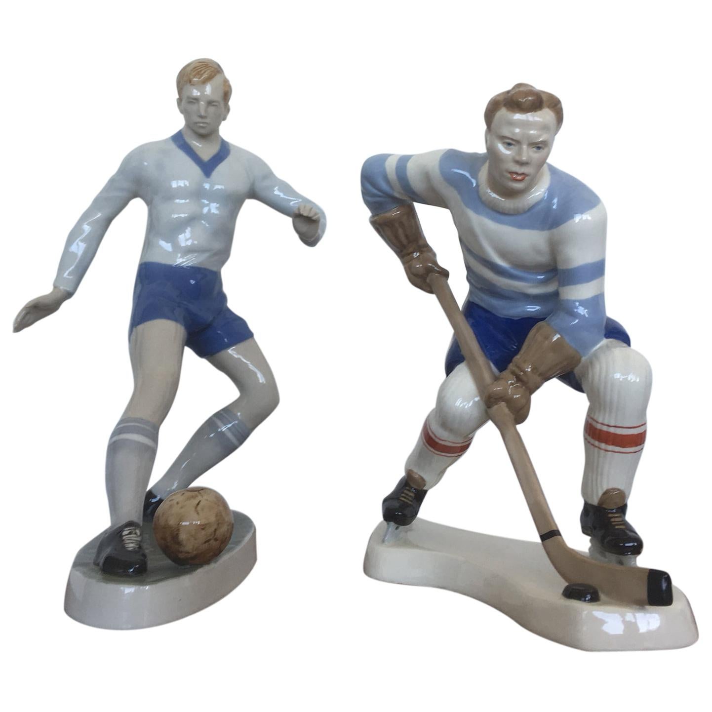 Rare Beautiful Design Porcelain Figurines, Football and Hockey Player, 1940s