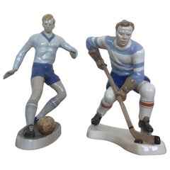 Rare Beautiful Design Porcelain Figurines, Football and Hockey Player, 1940s