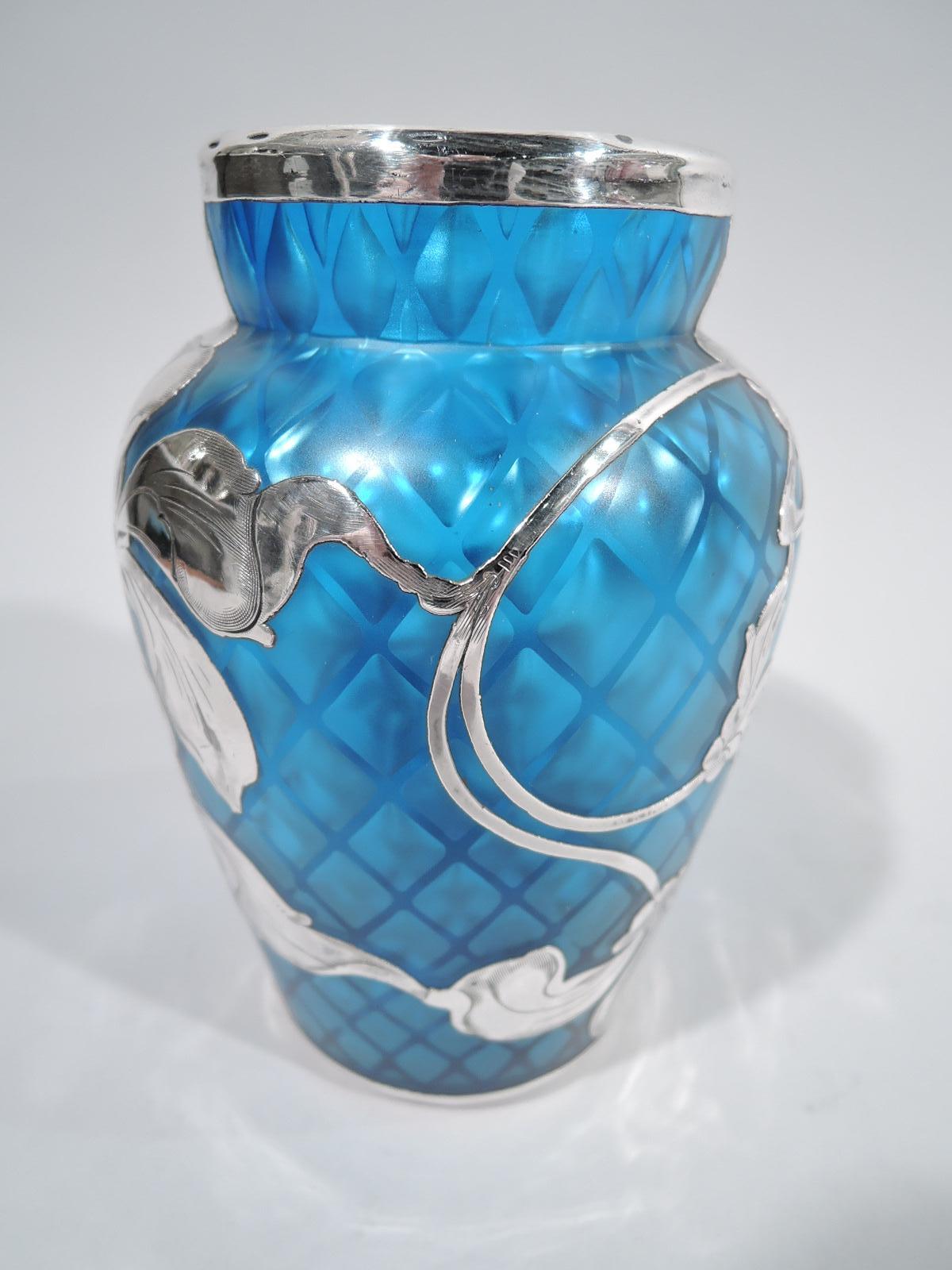 Czech Rare and Beautiful Loetz Art Nouveau Quilted Blue Silver Overlay Vase