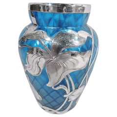 Rare and Beautiful Loetz Art Nouveau Quilted Blue Silver Overlay Vase