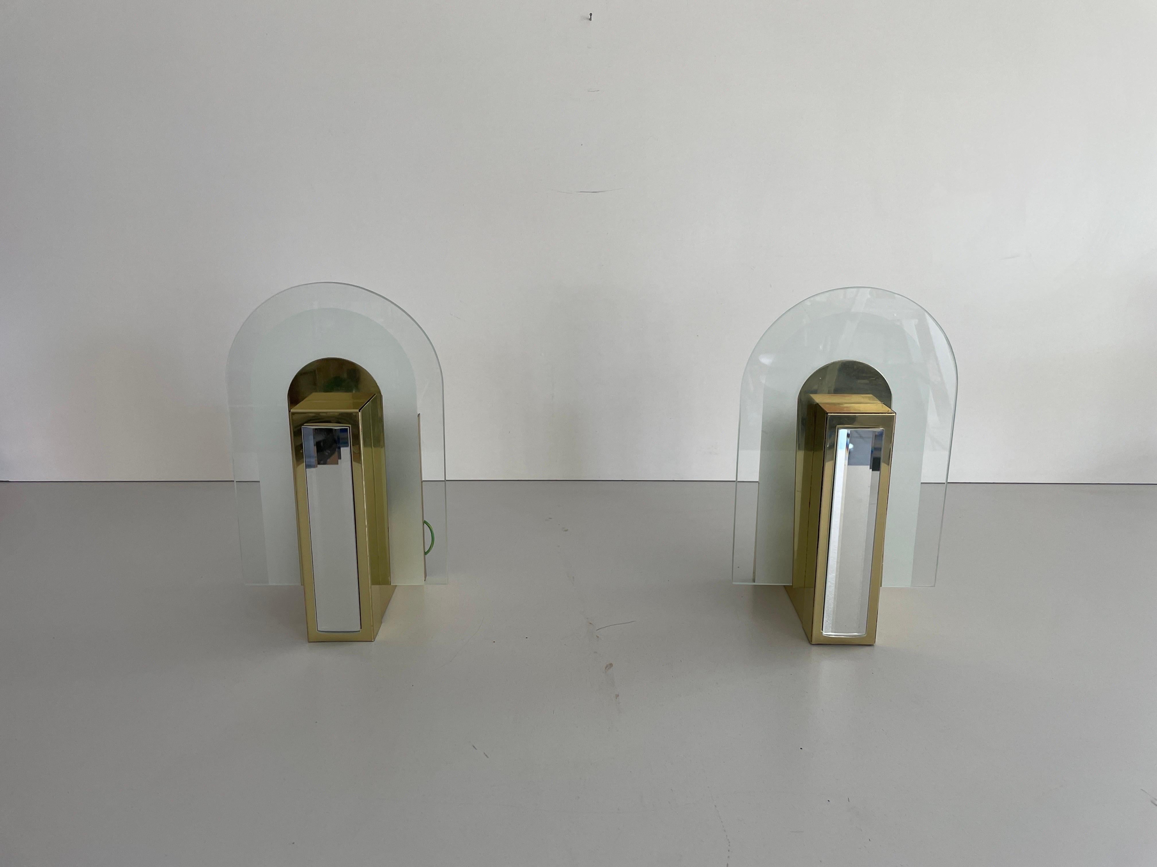 Seltene schöne Metall & Glas Paar Wandleuchter, 1970er, Deutschland im Angebot 5
