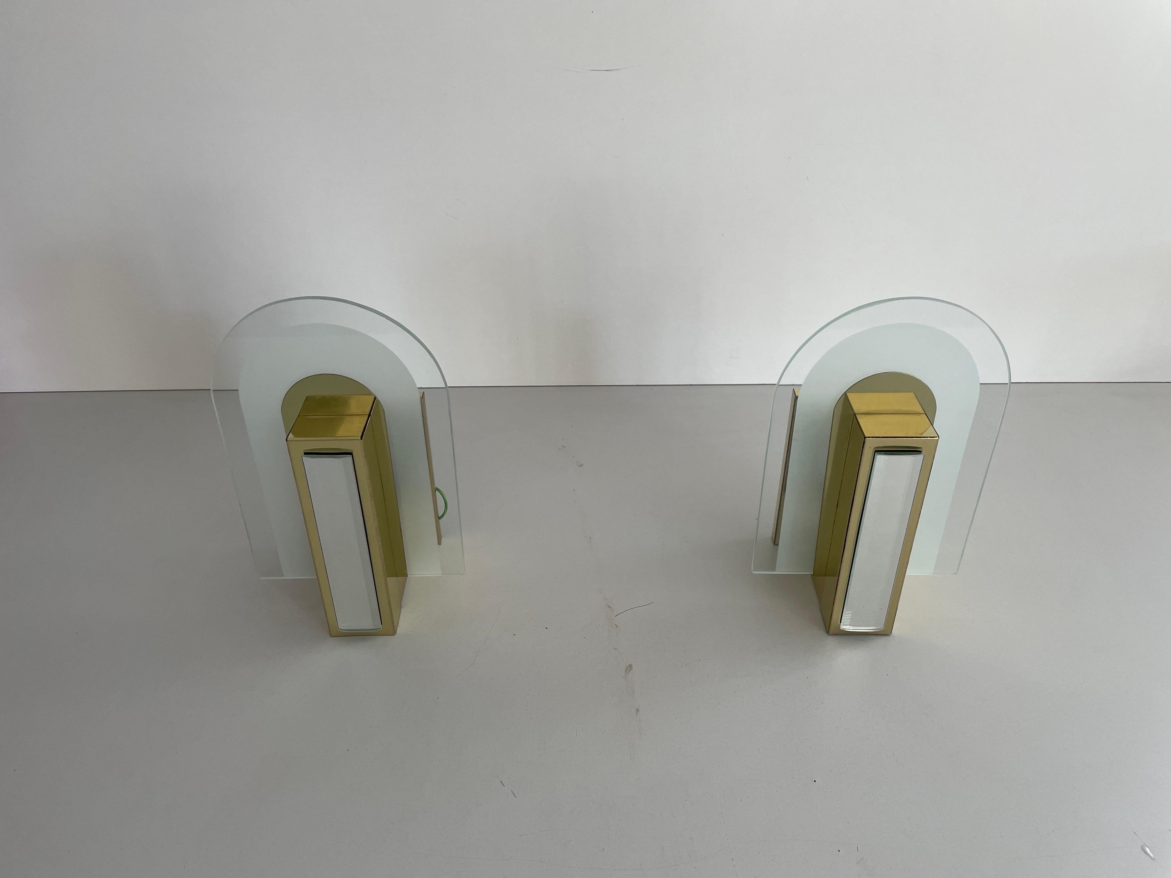 Seltene schöne Metall & Glas Paar Wandleuchter, 1970er, Deutschland im Angebot 7