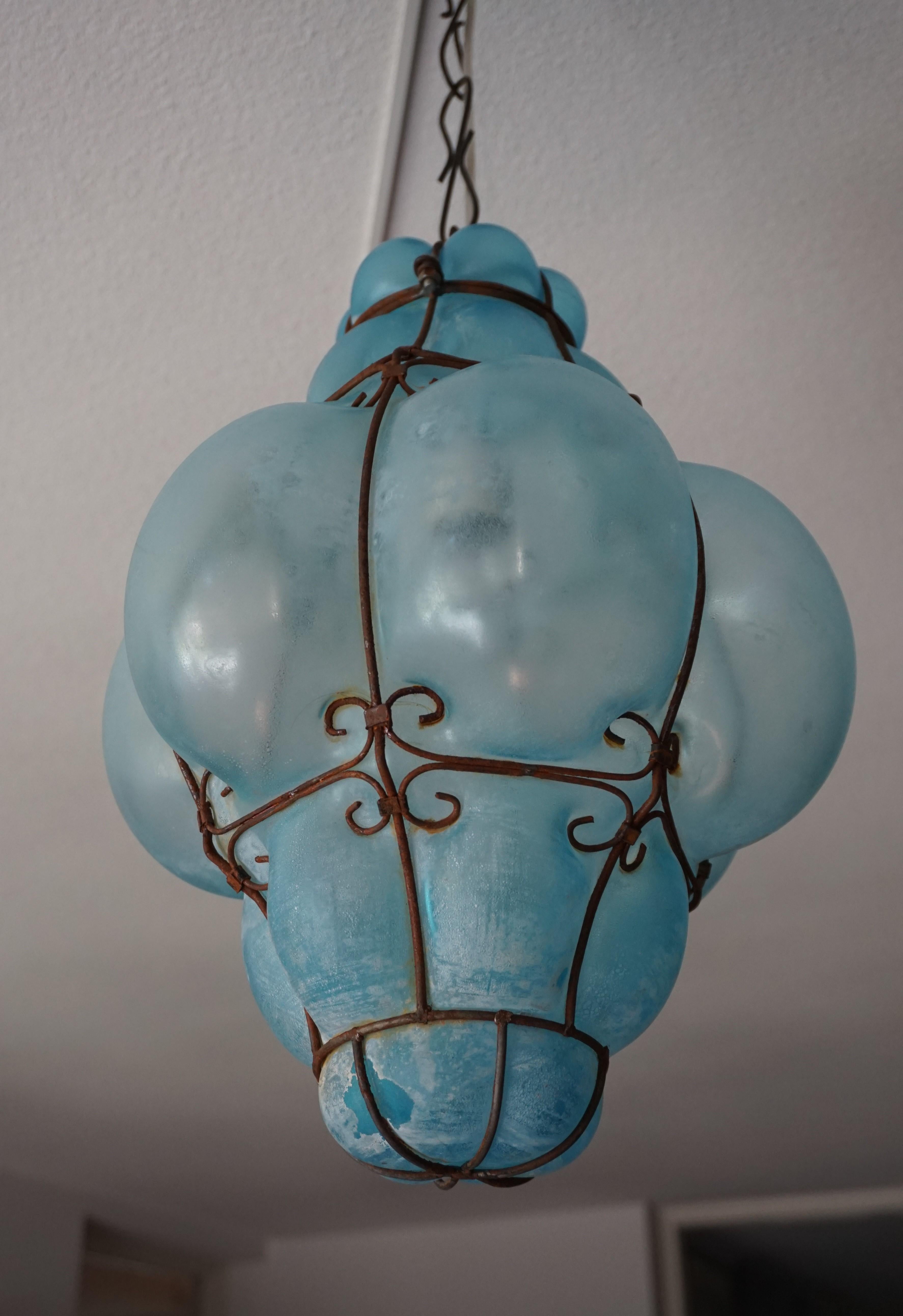 Rare & Beautiful Vintage Mouthblown Azure Blue Glass Viennese Pendant Light 1950 4