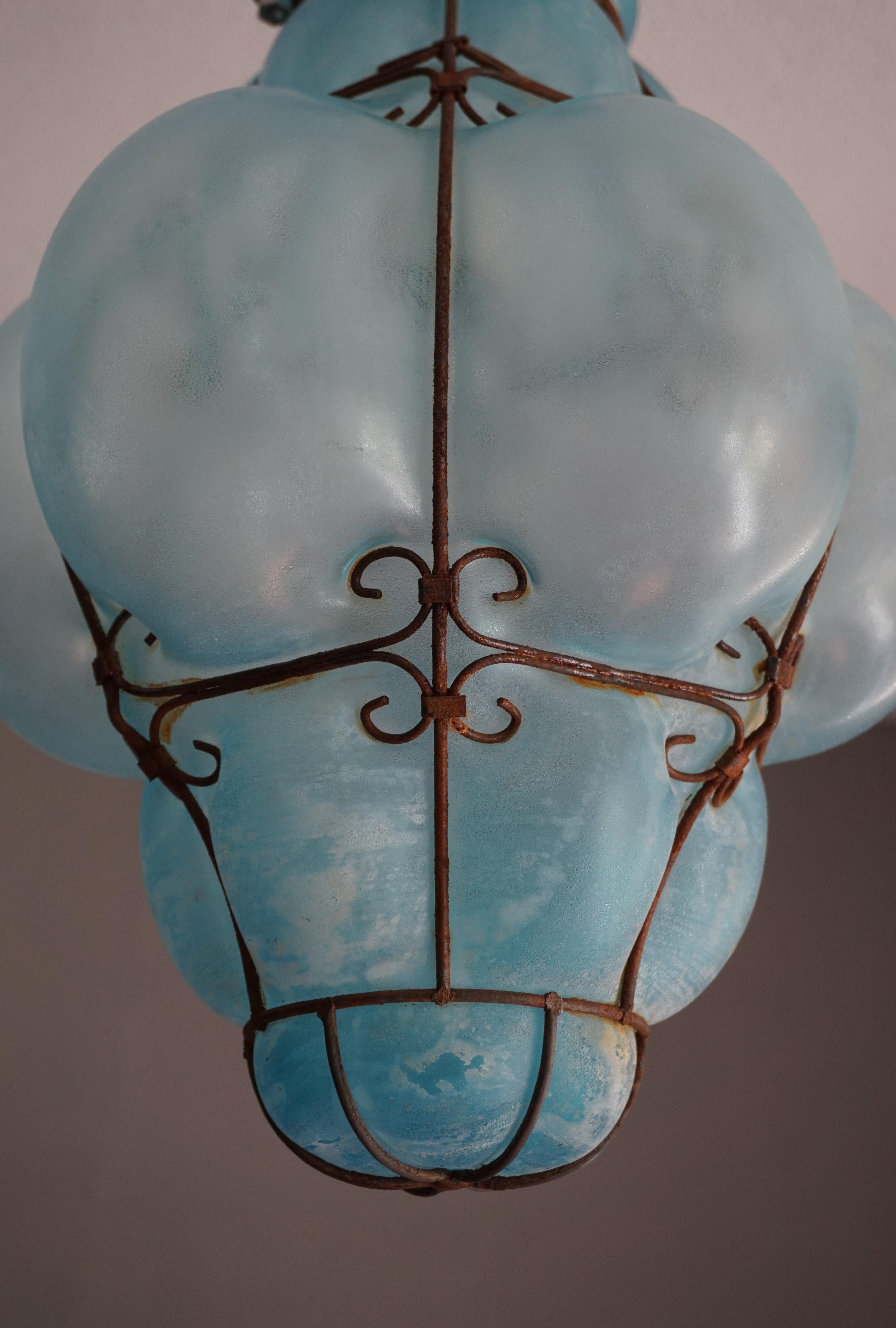 Rare & Beautiful Vintage Mouthblown Azure Blue Glass Viennese Pendant Light 1950 In Good Condition In Lisse, NL