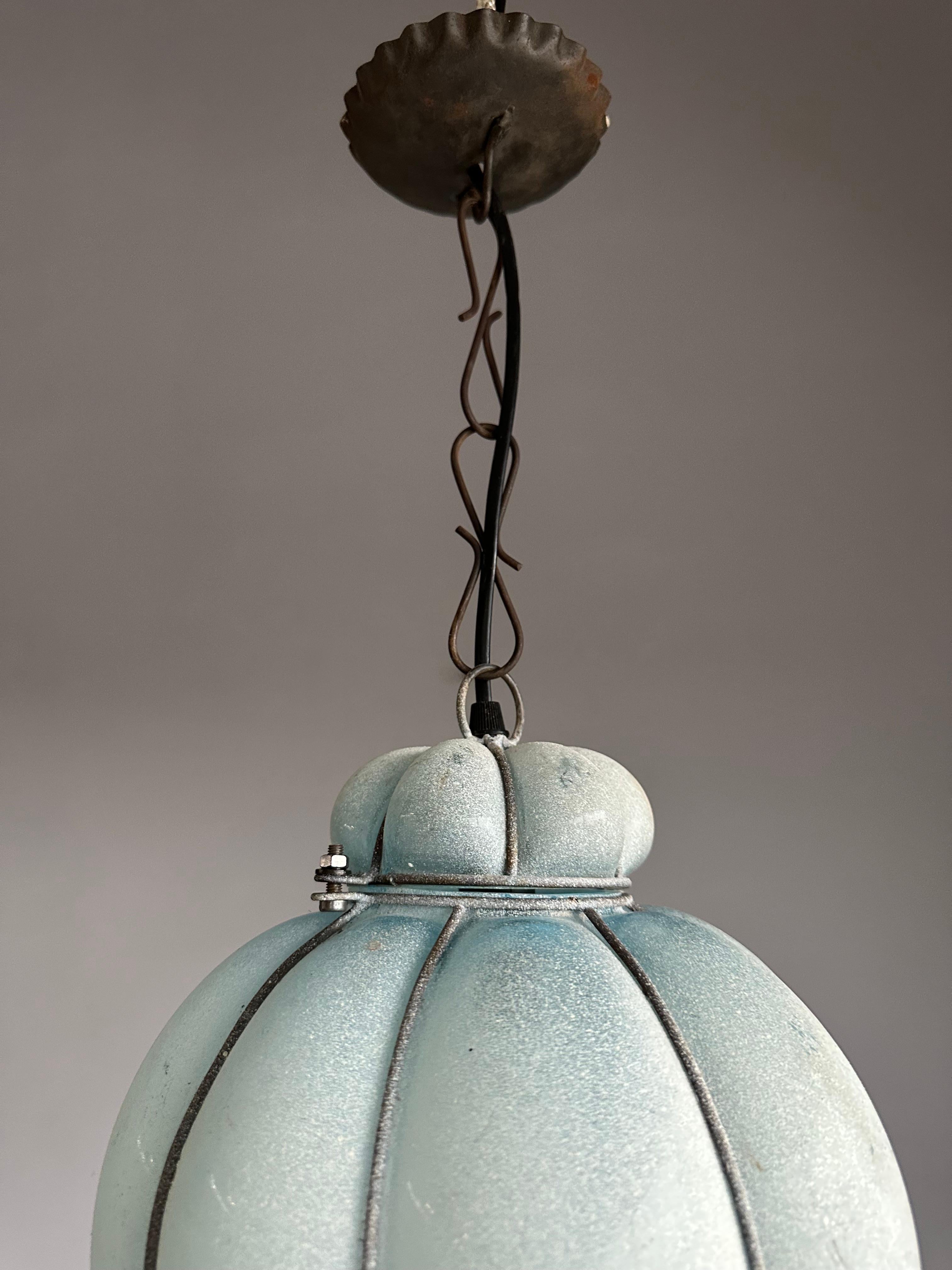 Rare & Beautiful Vintage Mouthblown Azure Blue Glass Viennese Pendant Light For Sale 9