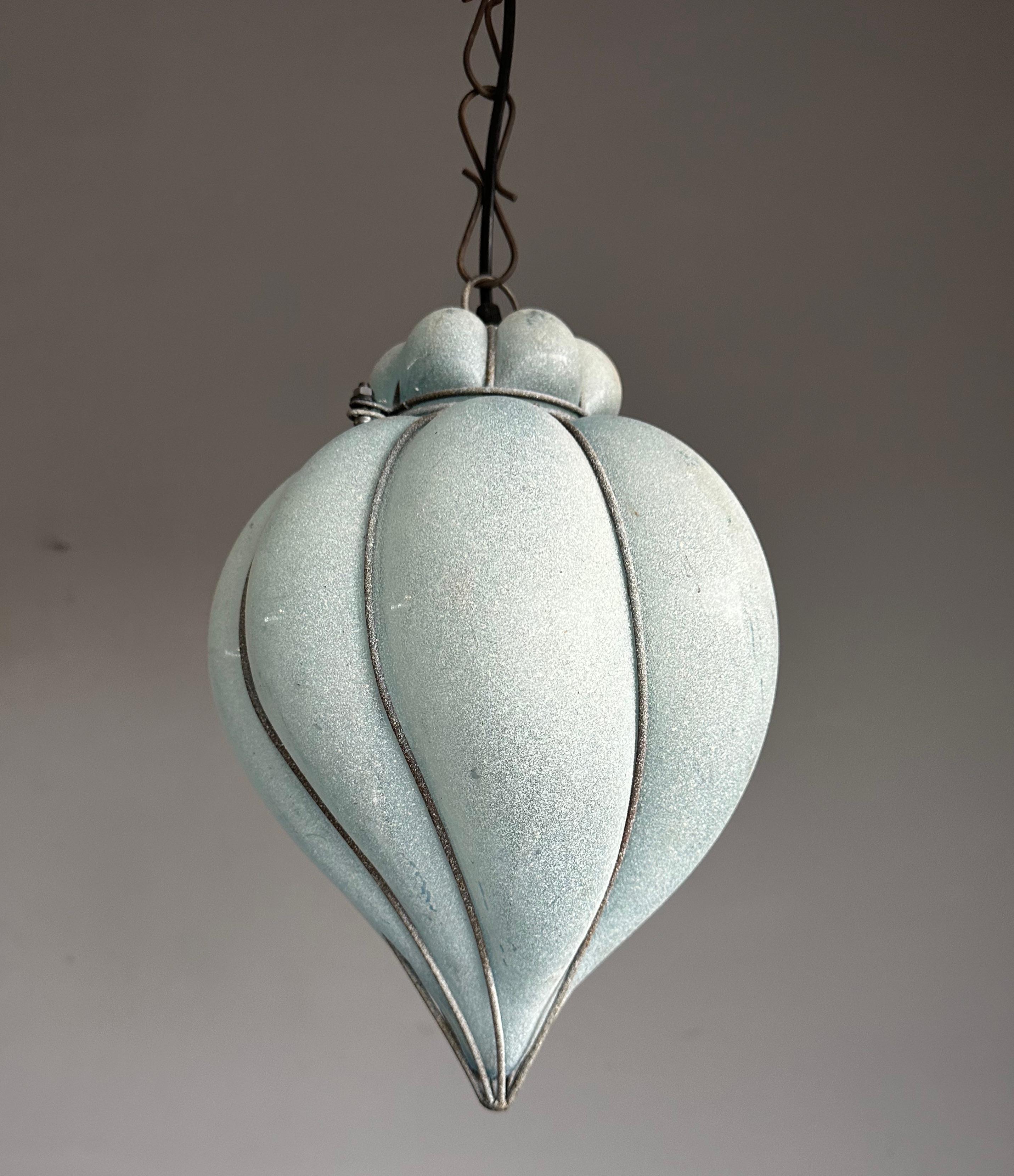 Rare & Beautiful Vintage Mouthblown Azure Blue Glass Viennese Pendant Light For Sale 10