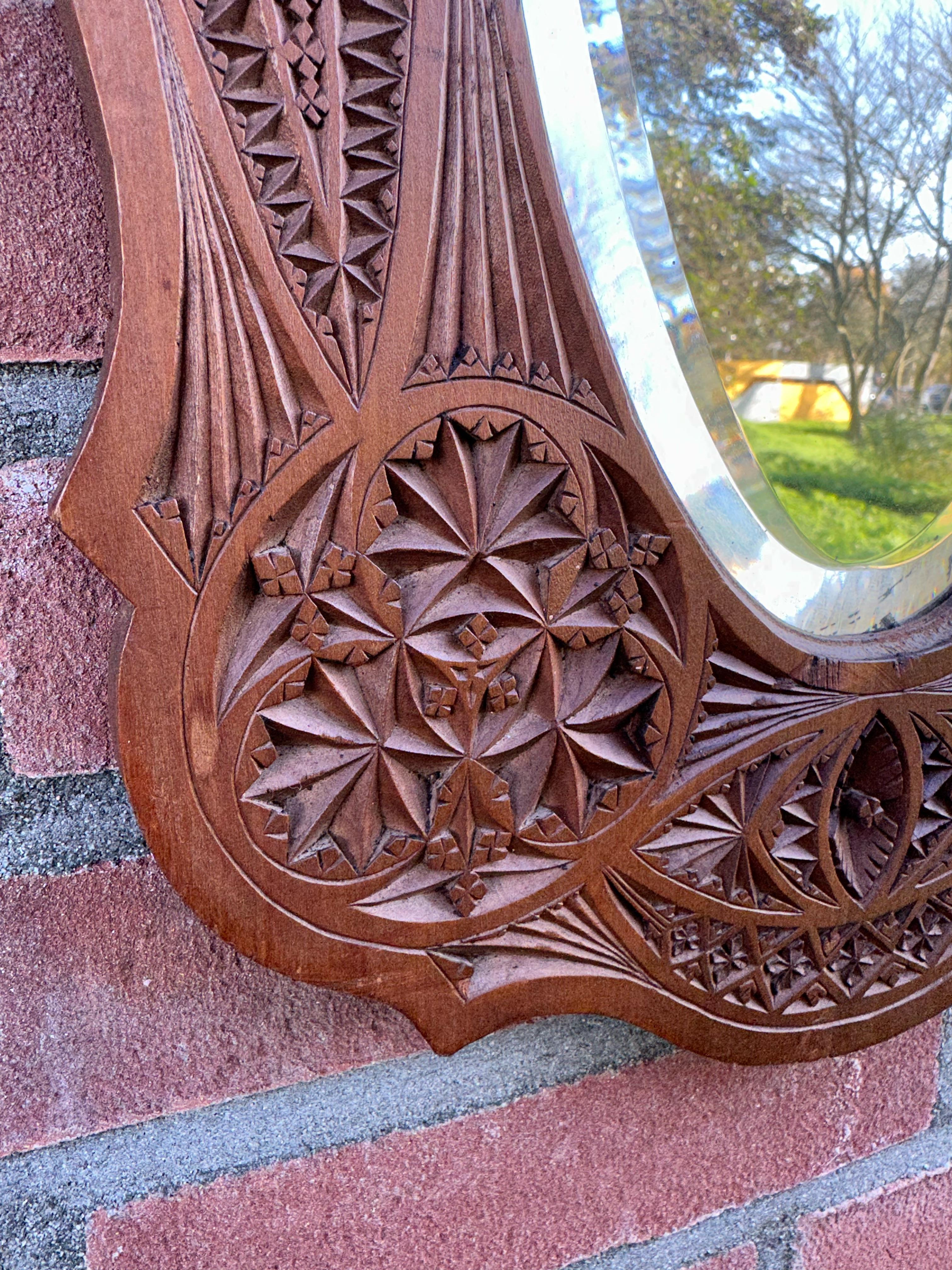 Rare & Beautifully Hand-Carved Antique Dutch Arts & Crafts Beveled Wall Mirror For Sale 4