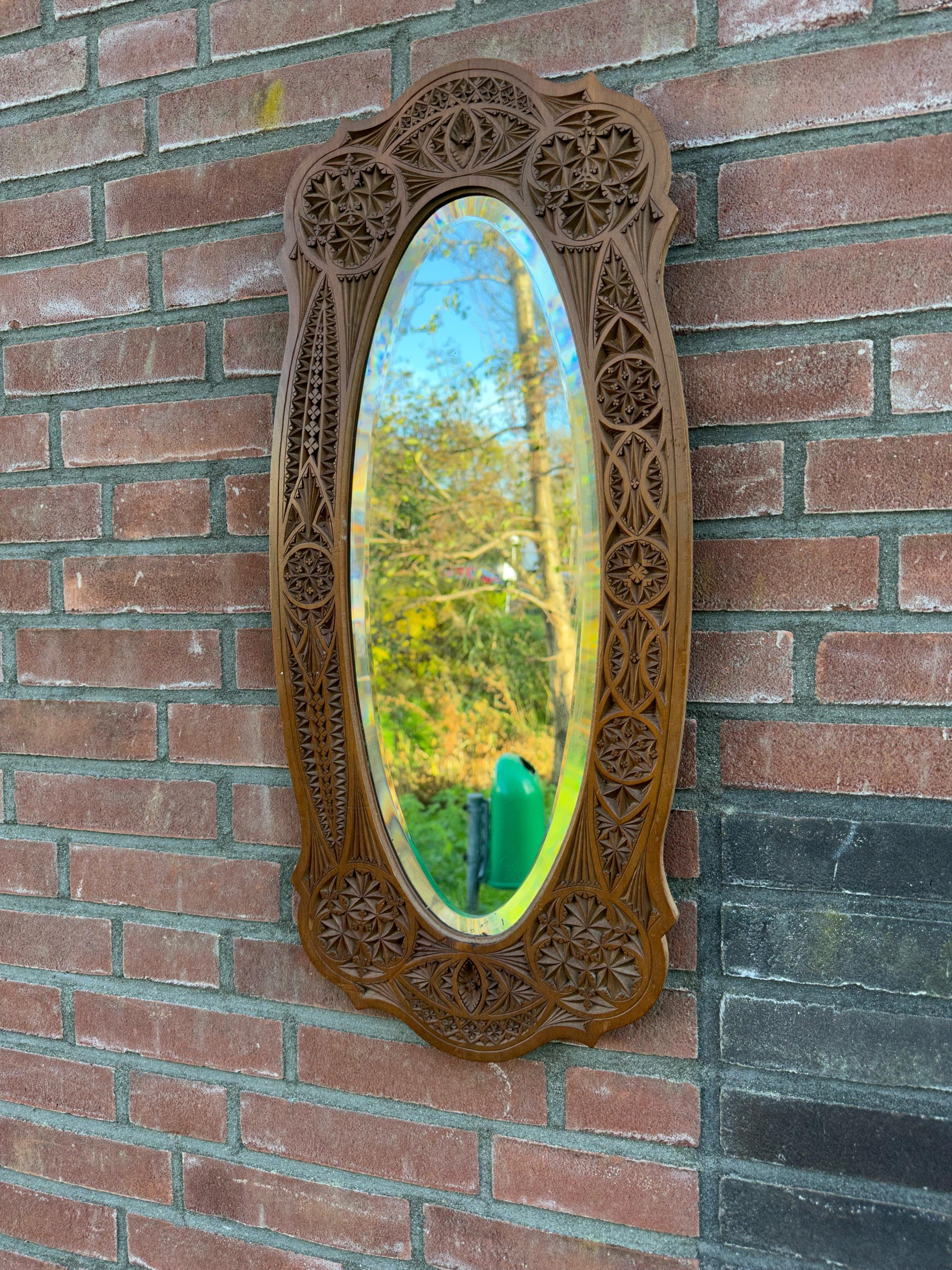 Rare & Beautifully Hand-Carved Antique Dutch Arts & Crafts Beveled Wall Mirror For Sale 5