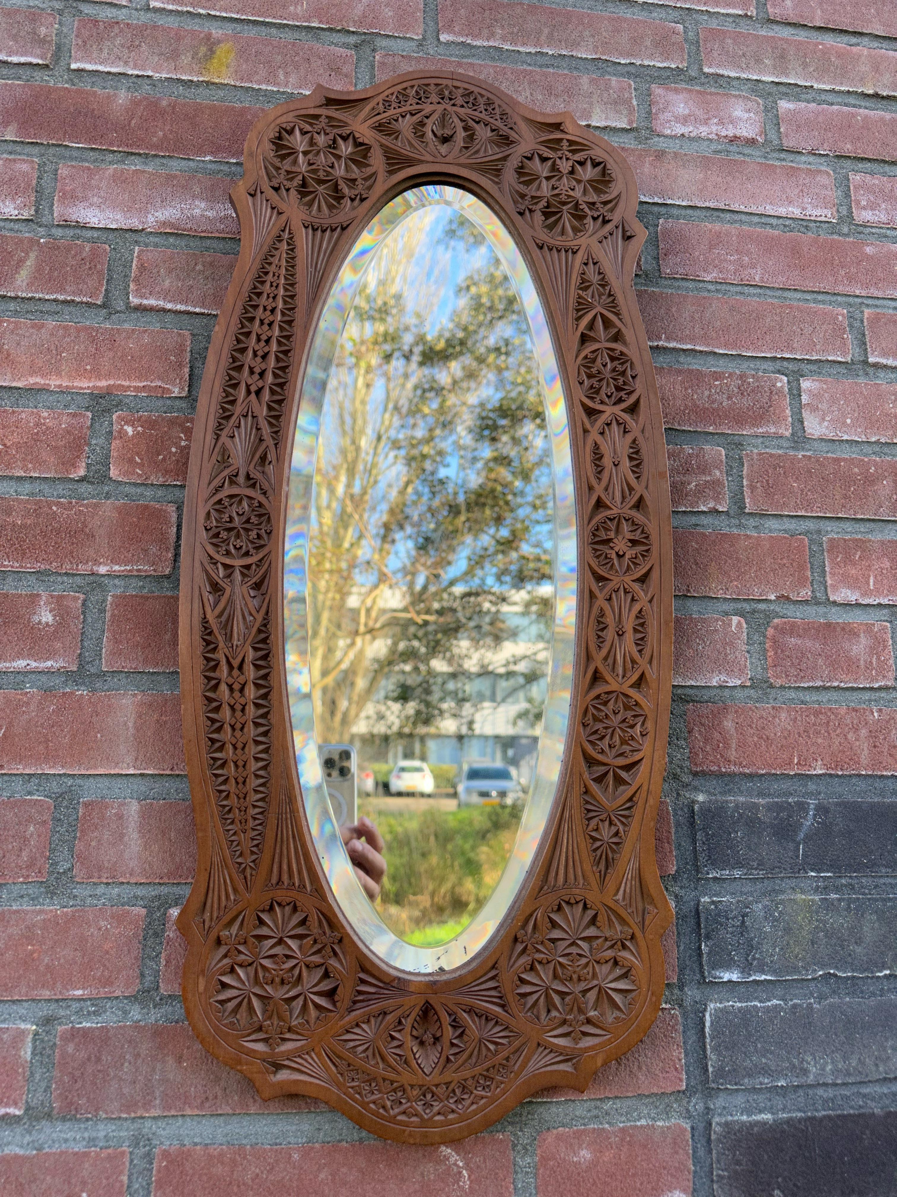 Rare & Beautifully Hand-Carved Antique Dutch Arts & Crafts Beveled Wall Mirror For Sale 7