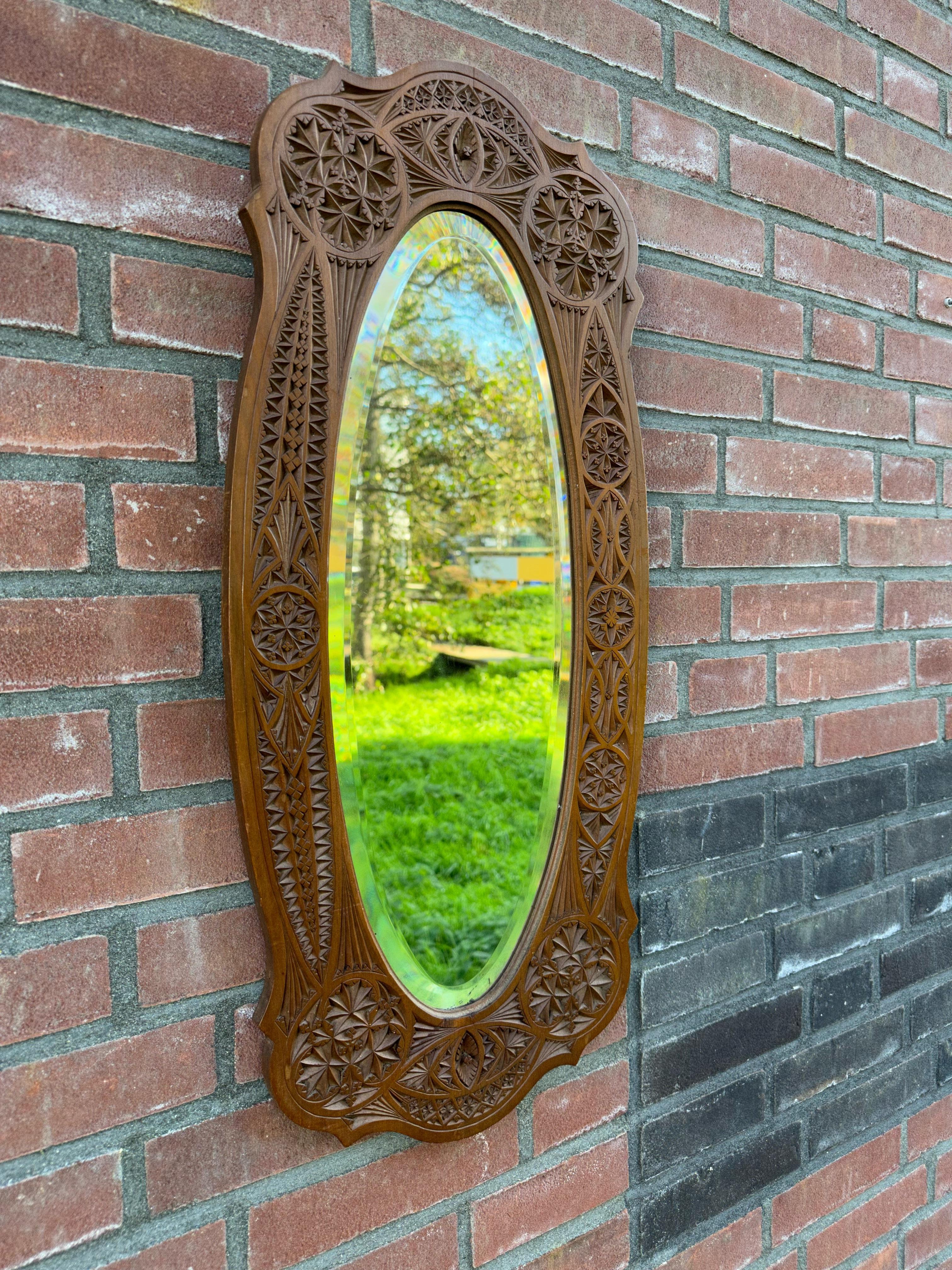 Rare & Beautifully Hand-Carved Antique Dutch Arts & Crafts Beveled Wall Mirror For Sale 8