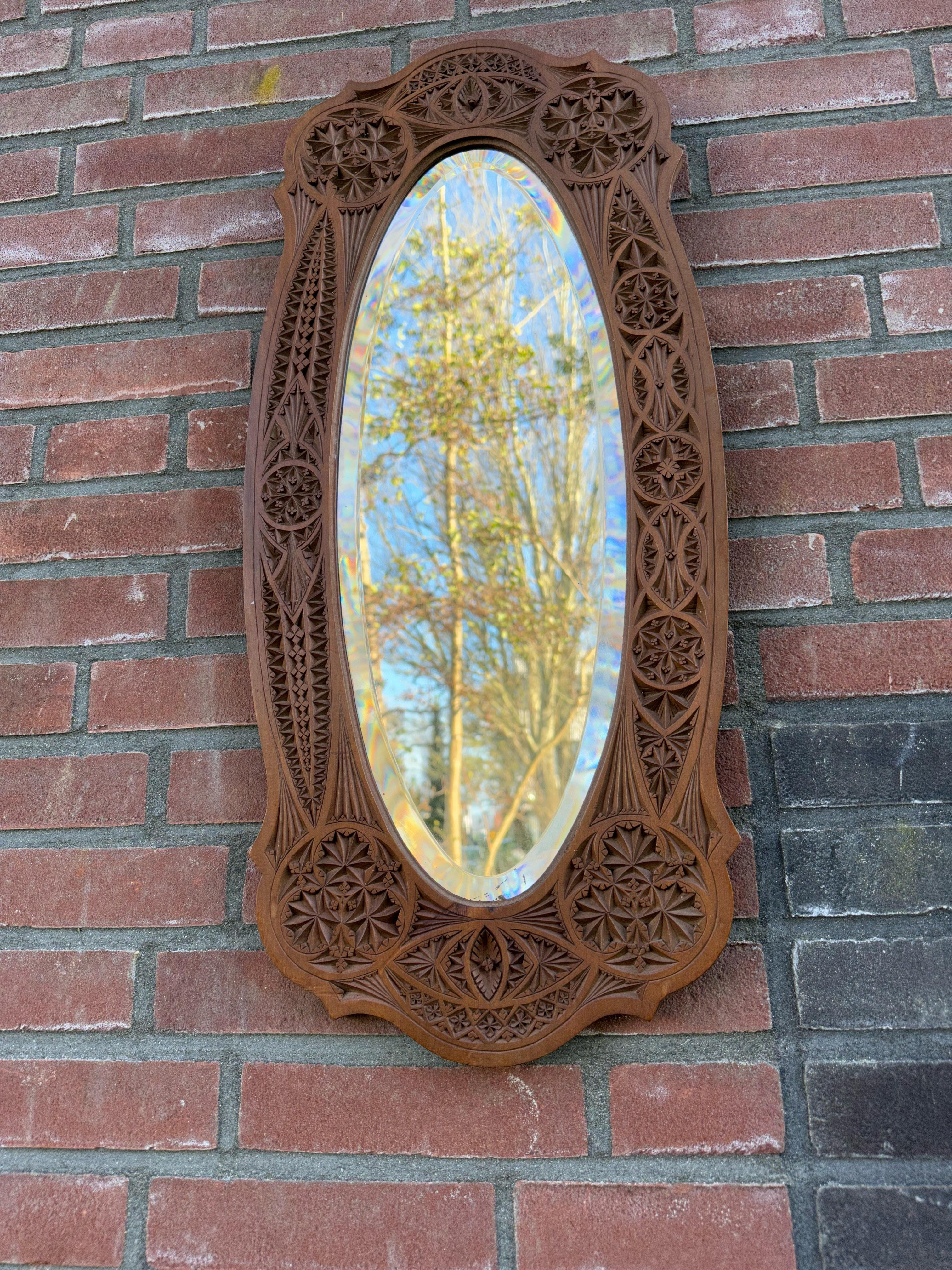 Rare & Beautifully Hand-Carved Antique Dutch Arts & Crafts Beveled Wall Mirror For Sale 9