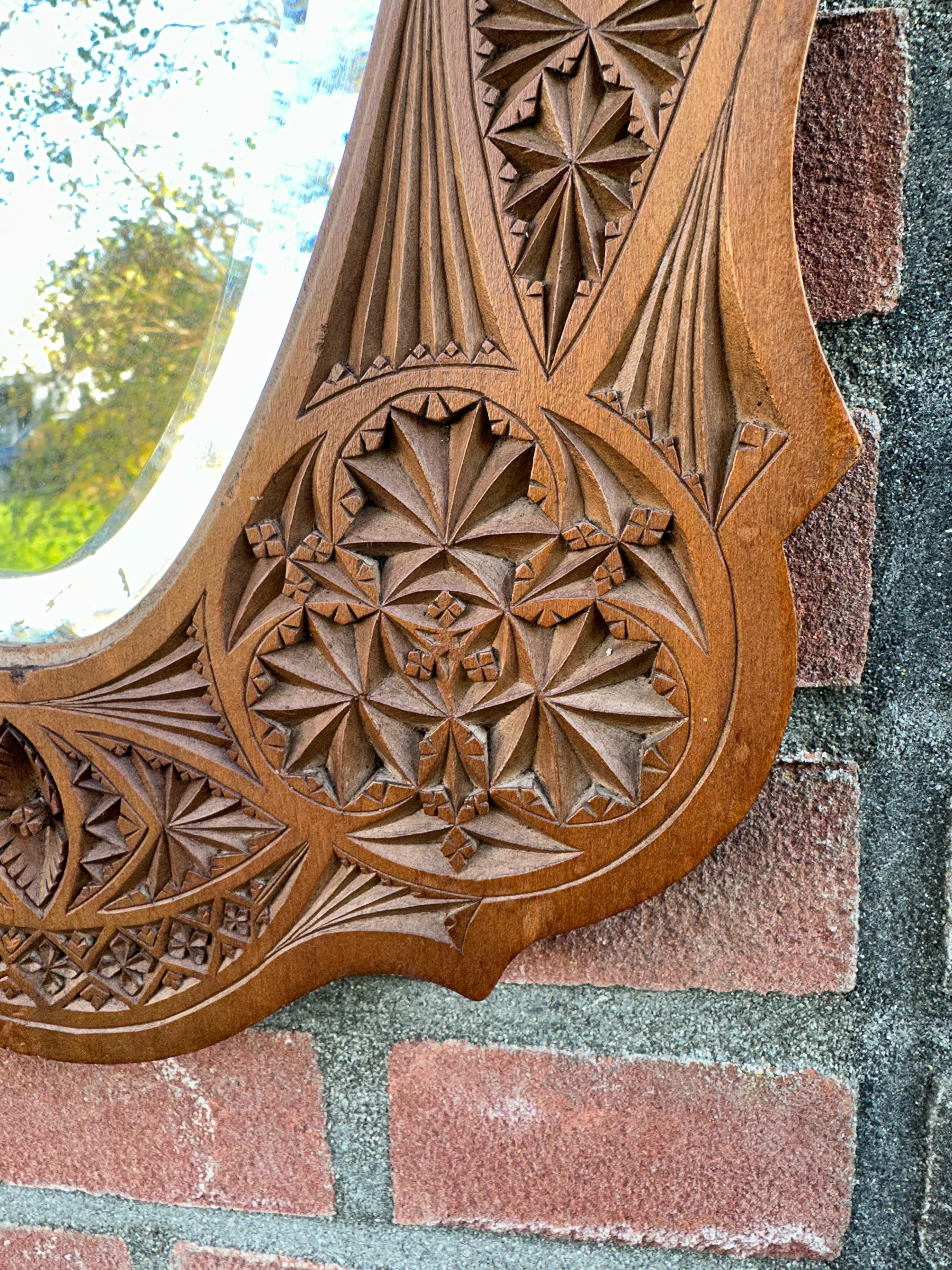 Rare & Beautifully Hand-Carved Antique Dutch Arts & Crafts Beveled Wall Mirror For Sale 10