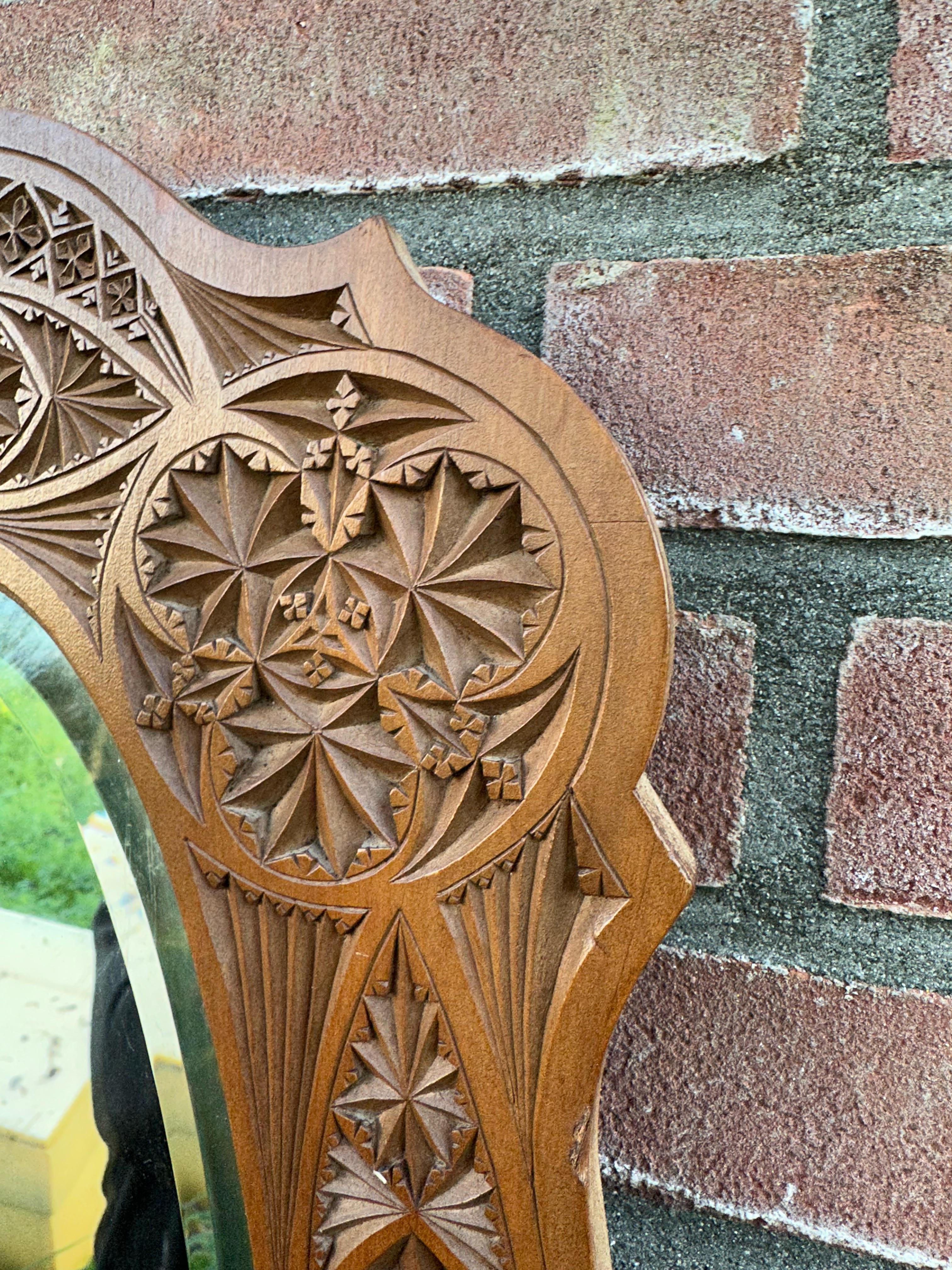 Rare & Beautifully Hand-Carved Antique Dutch Arts & Crafts Beveled Wall Mirror For Sale 12