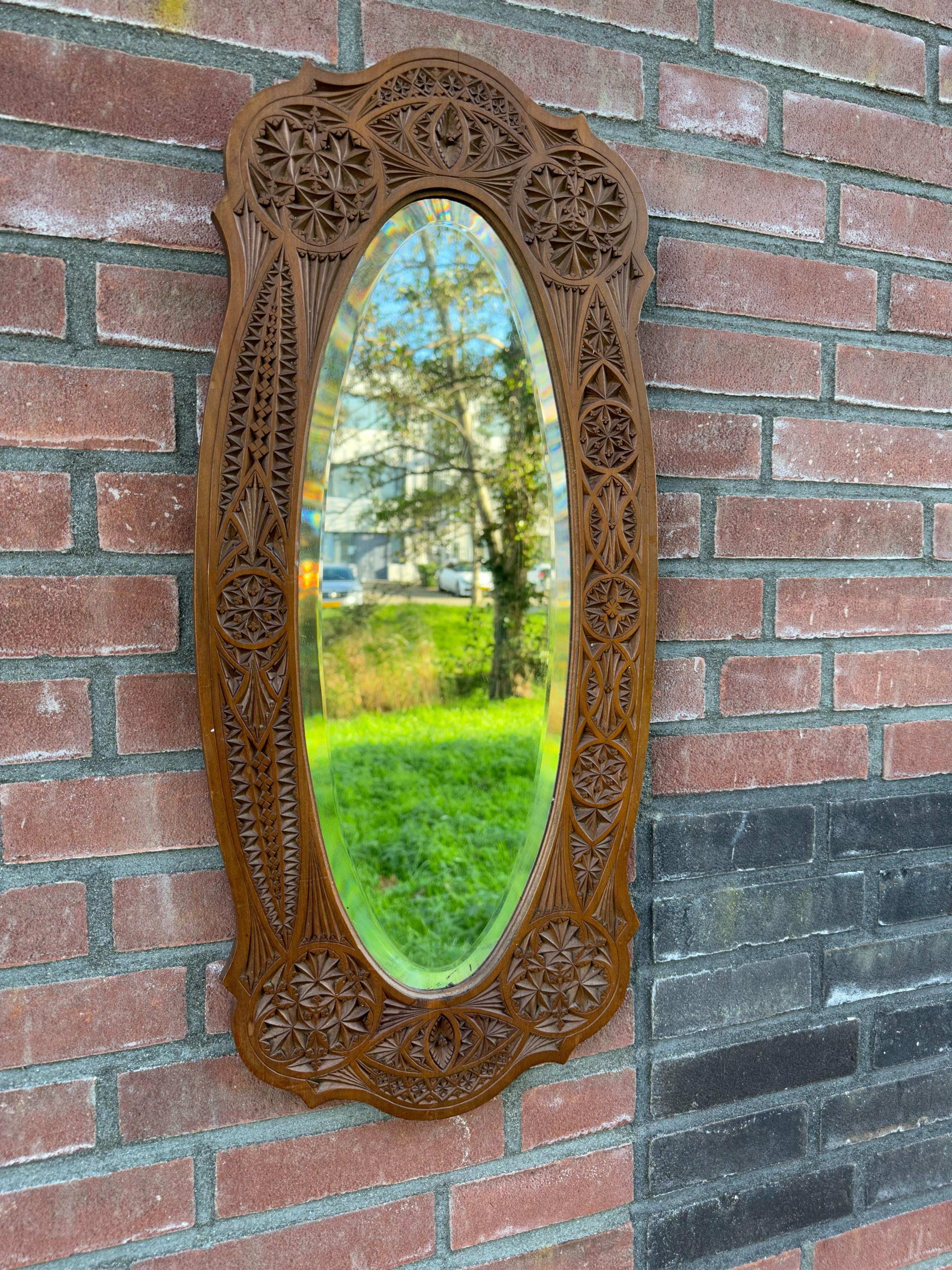 Rare & Beautifully Hand-Carved Antique Dutch Arts & Crafts Beveled Wall Mirror For Sale 13