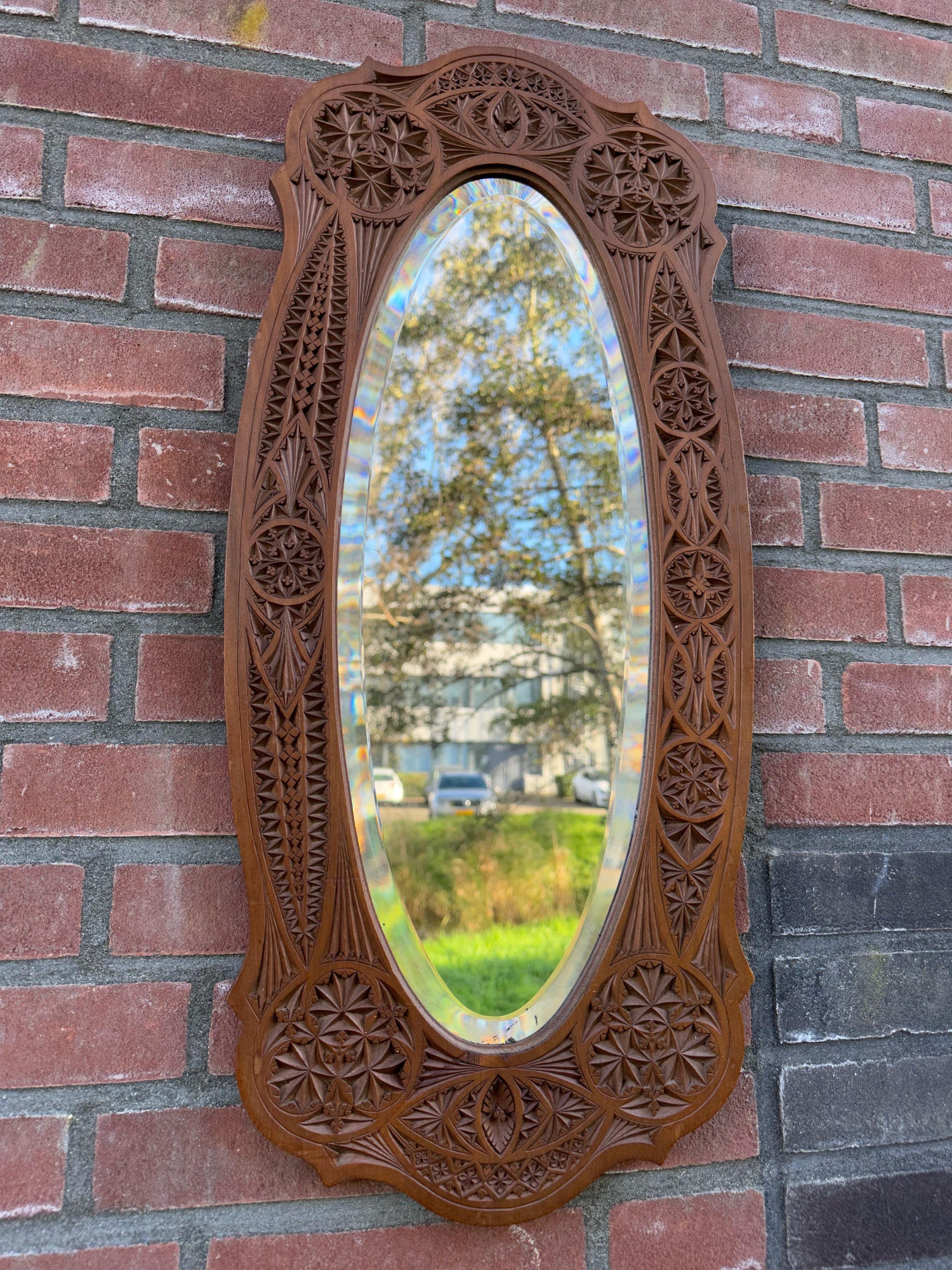 Gothic Rare & Beautifully Hand-Carved Antique Dutch Arts & Crafts Beveled Wall Mirror For Sale