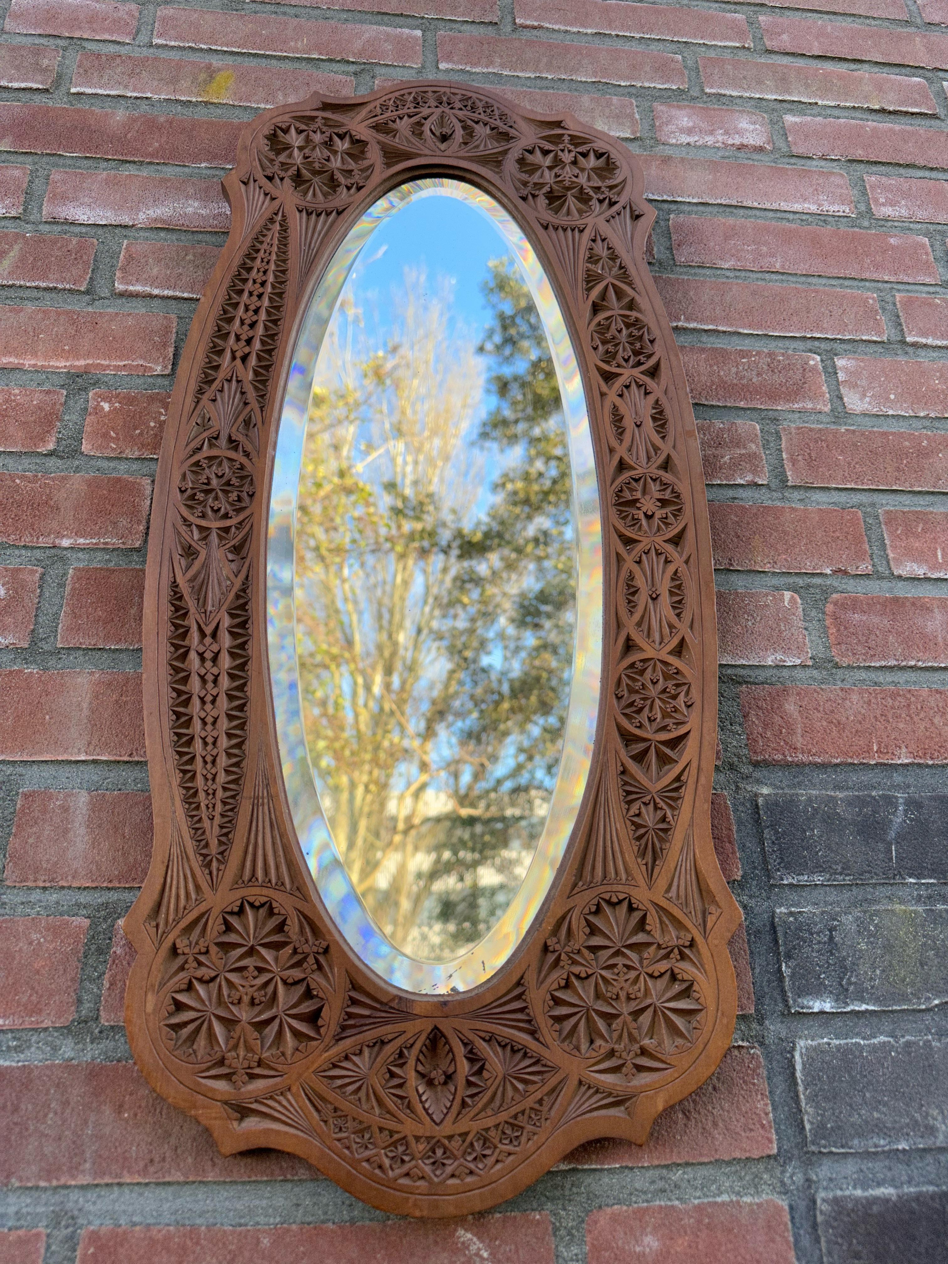 European Rare & Beautifully Hand-Carved Antique Dutch Arts & Crafts Beveled Wall Mirror For Sale