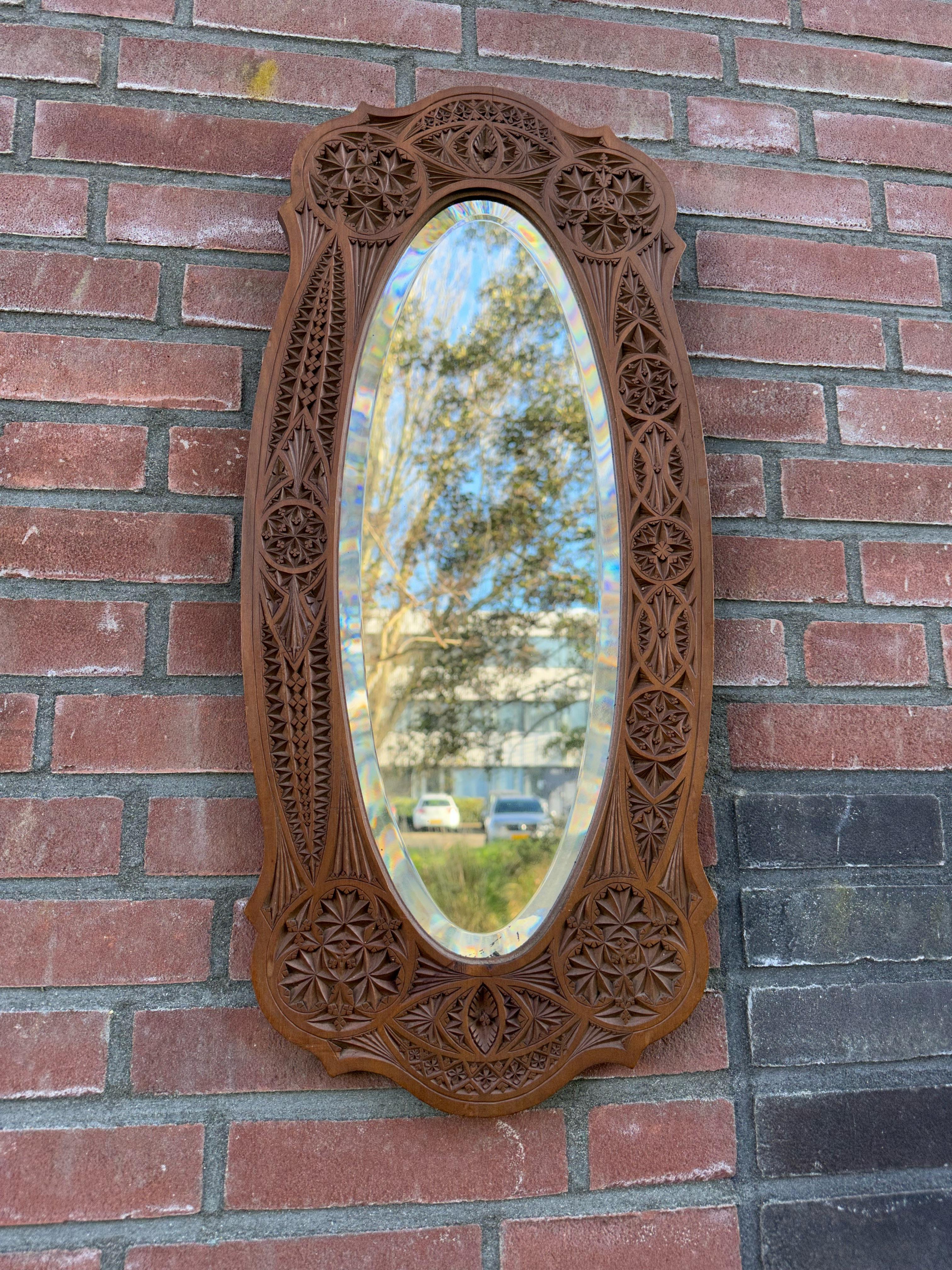 20th Century Rare & Beautifully Hand-Carved Antique Dutch Arts & Crafts Beveled Wall Mirror For Sale