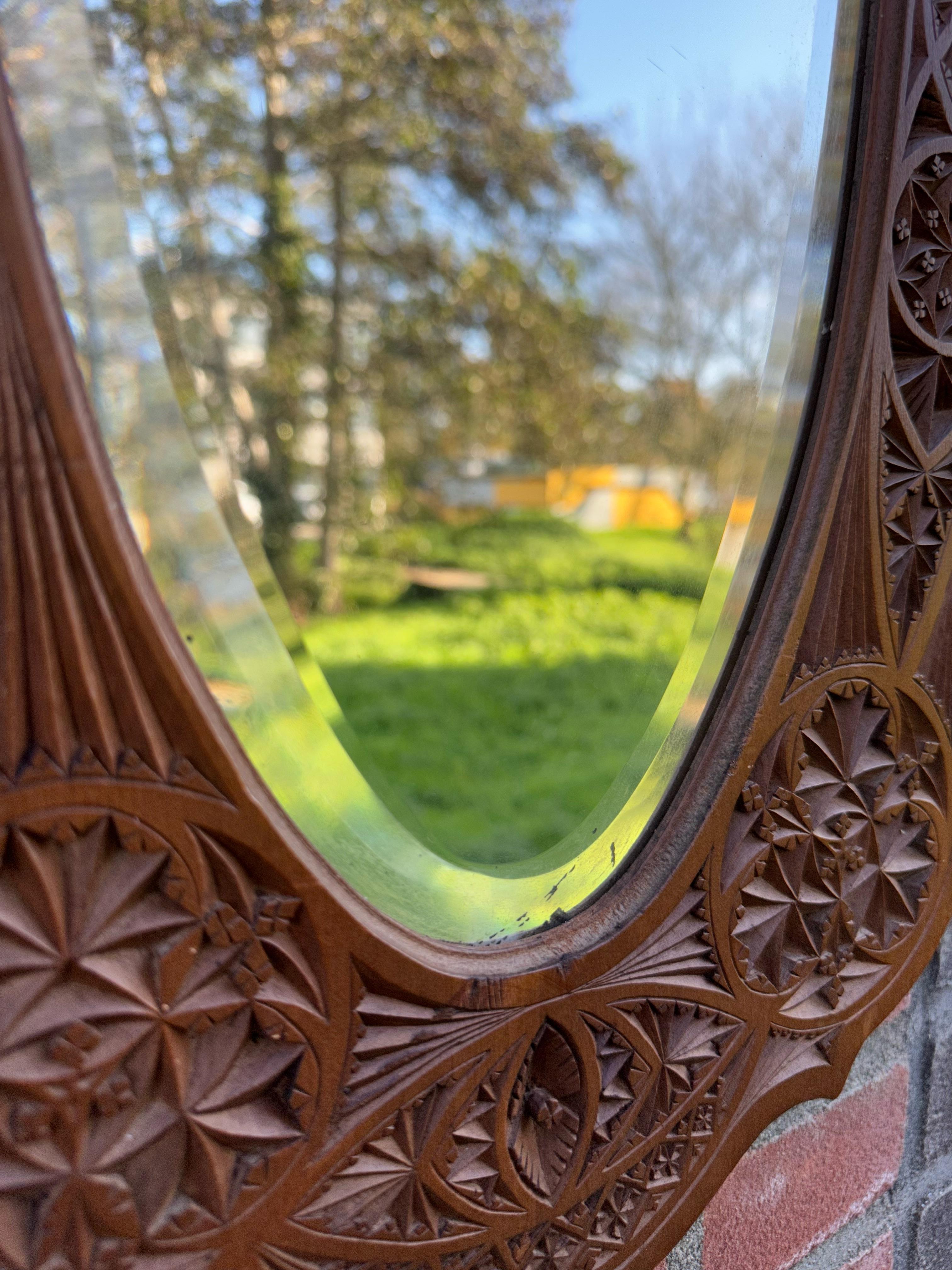 Rare & Beautifully Hand-Carved Antique Dutch Arts & Crafts Beveled Wall Mirror For Sale 1