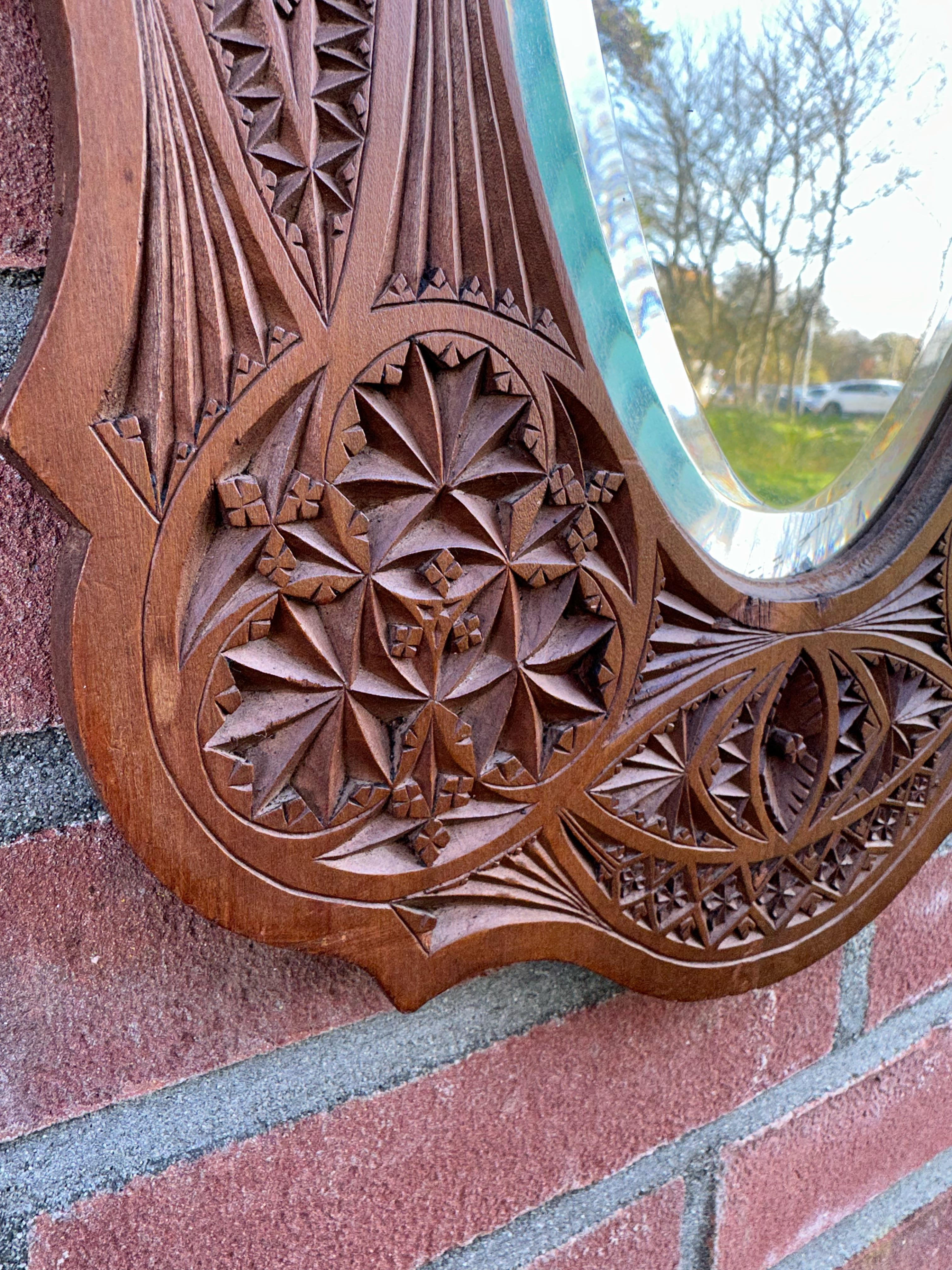 Rare & Beautifully Hand-Carved Antique Dutch Arts & Crafts Beveled Wall Mirror For Sale 2