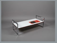 Rare Belarti coffee table with glass, chrome and ceramic art panel, Belgium 1960