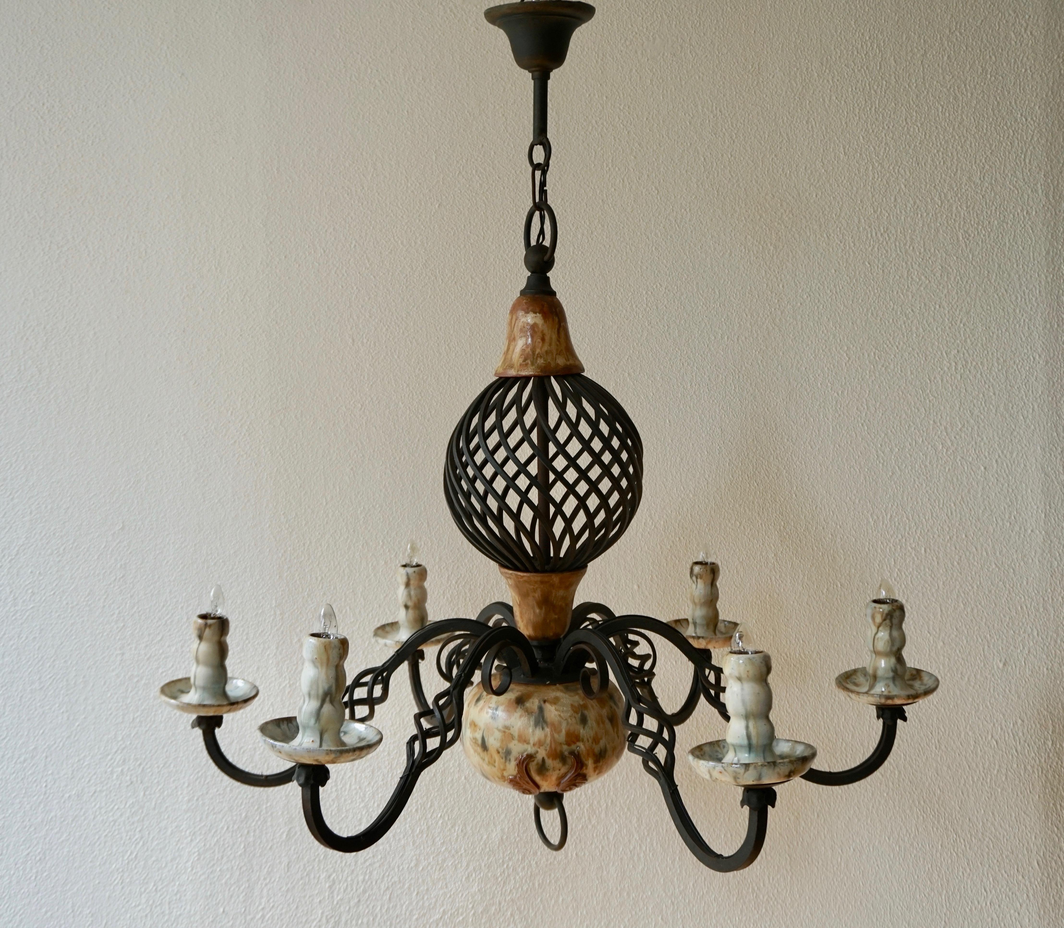 Rare Belgium Art Deco Ceramic and Wrought Iron Chandelier by A Dubois, Belgium In Good Condition For Sale In Antwerp, BE