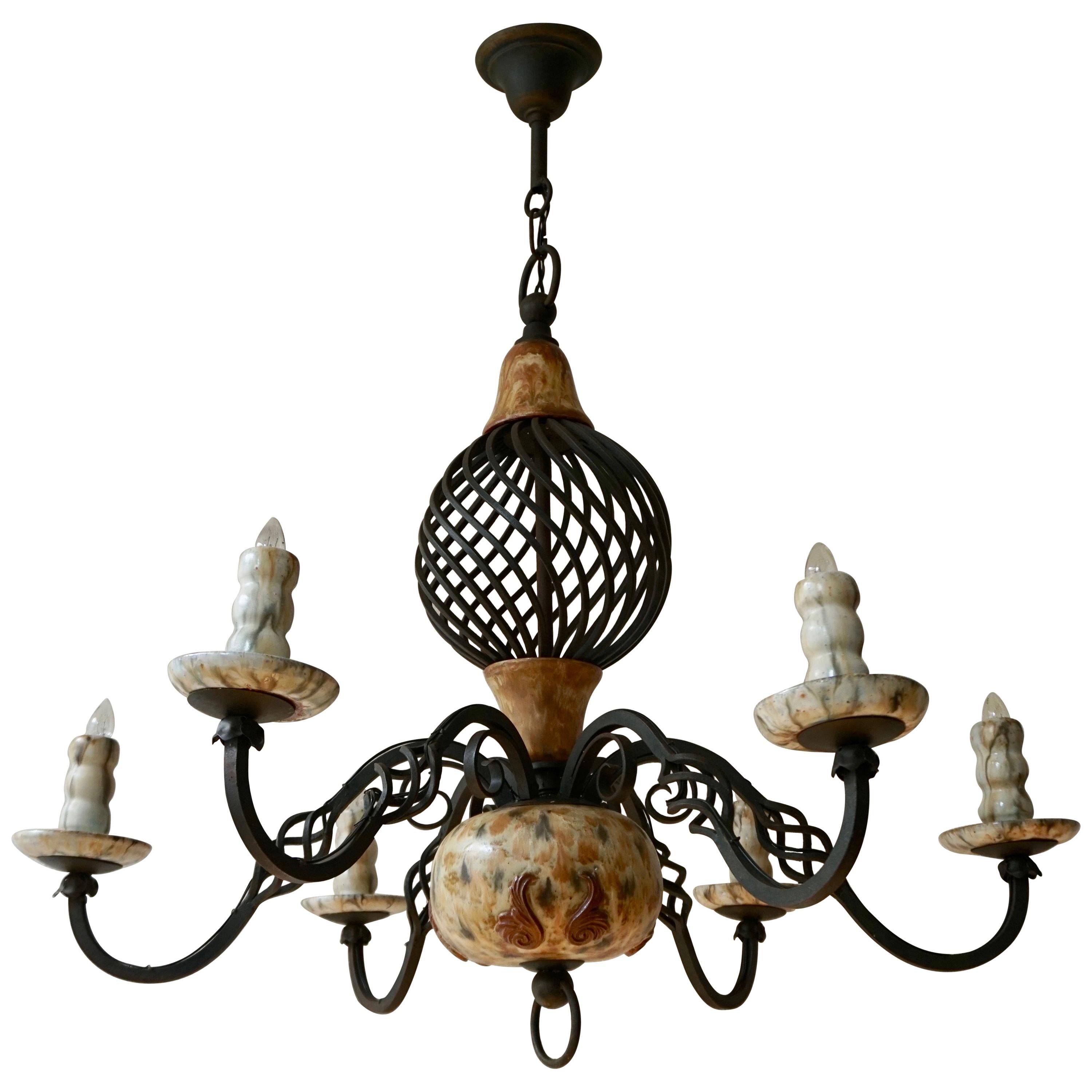 Rare Belgium Art Deco Ceramic and Wrought Iron Chandelier by A Dubois, Belgium For Sale