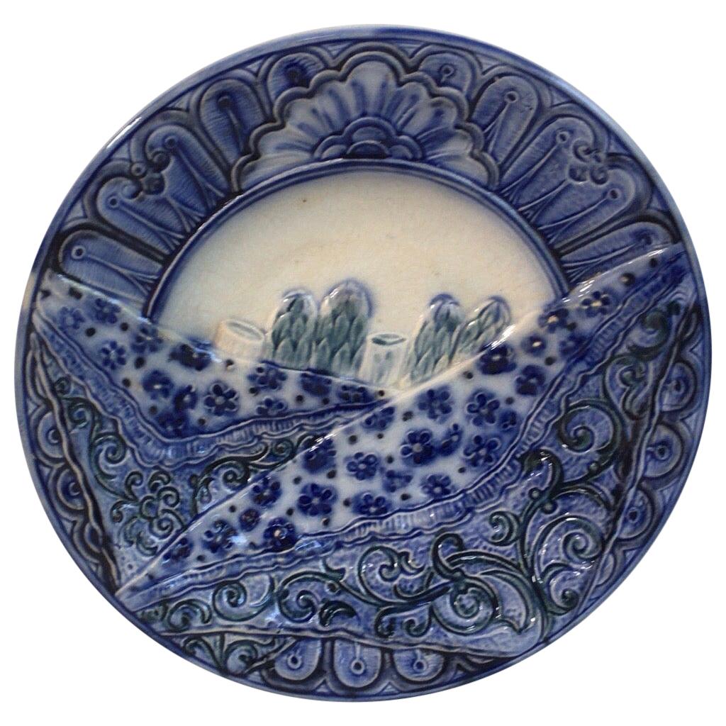 Rare Belgium Majolica Asparagus Blue and White Plate Wasmuel, circa 1880