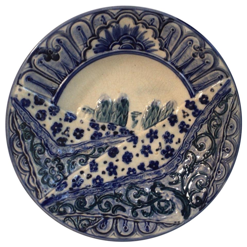 Rare Belgium Majolica Asparagus Blue and White Plate Wasmuel, circa 1880