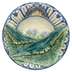 Rare assiette à asperges en majolique de Belgique Wasmuel, vers 1880