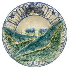 Raro plato de espárragos Wasmuel Majolica belga, hacia 1880