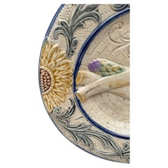 Raro piatto in maiolica belga Wasmuel Majolica con girasole, circa 1880