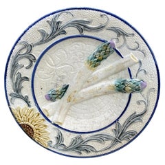 Antique Rare Belgium Majolica Asparagus Sunflower Plate Wasmuel, circa 1880