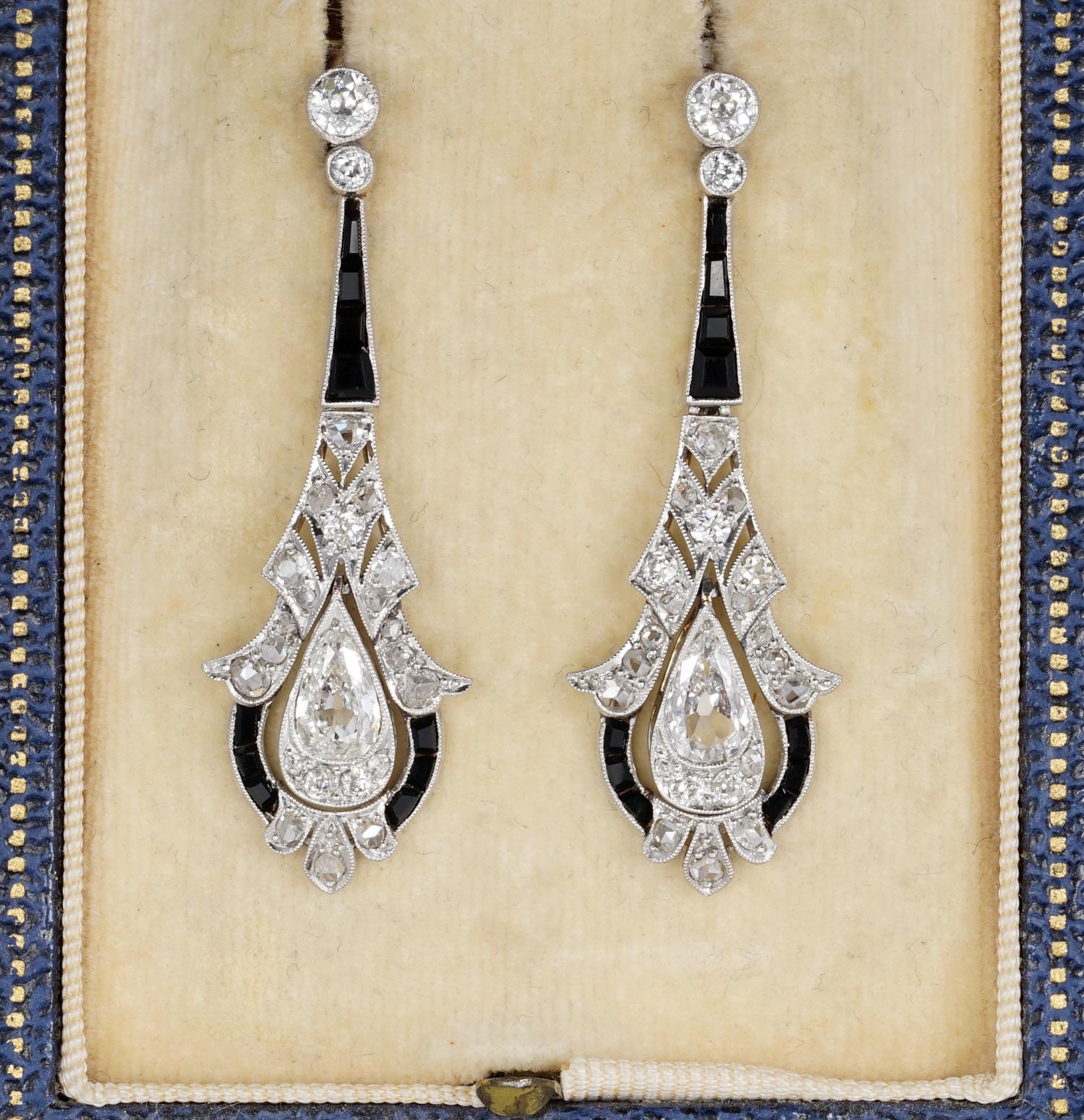These outstanding pair of Belle Epoque earrings are far the best one can get in the own jewelry box. Finest ever made, outstanding in design with the best ever selection of Diamonds in match with custom cut Black Onyx. A distinctive pair true