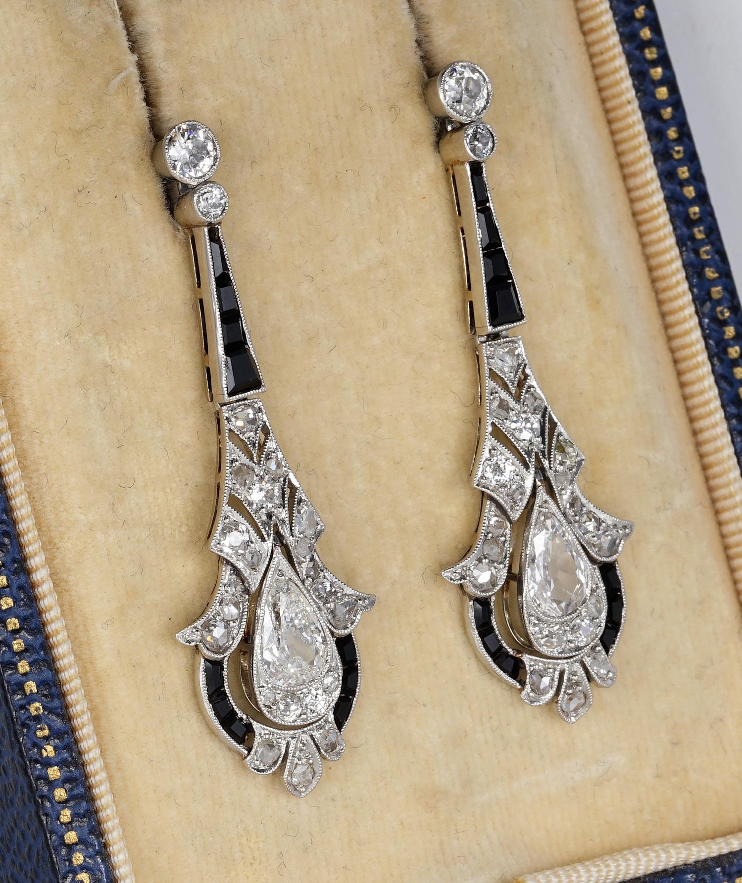 Rare Belle Époque 2.90 Carat Diamond Black Onyx Platinum Earrings In Good Condition In Napoli, IT