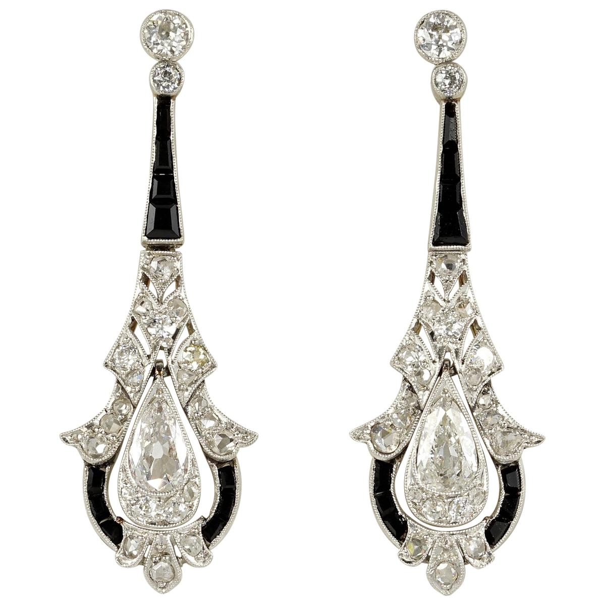 Rare Belle Époque 2.90 Carat Diamond Black Onyx Platinum Earrings