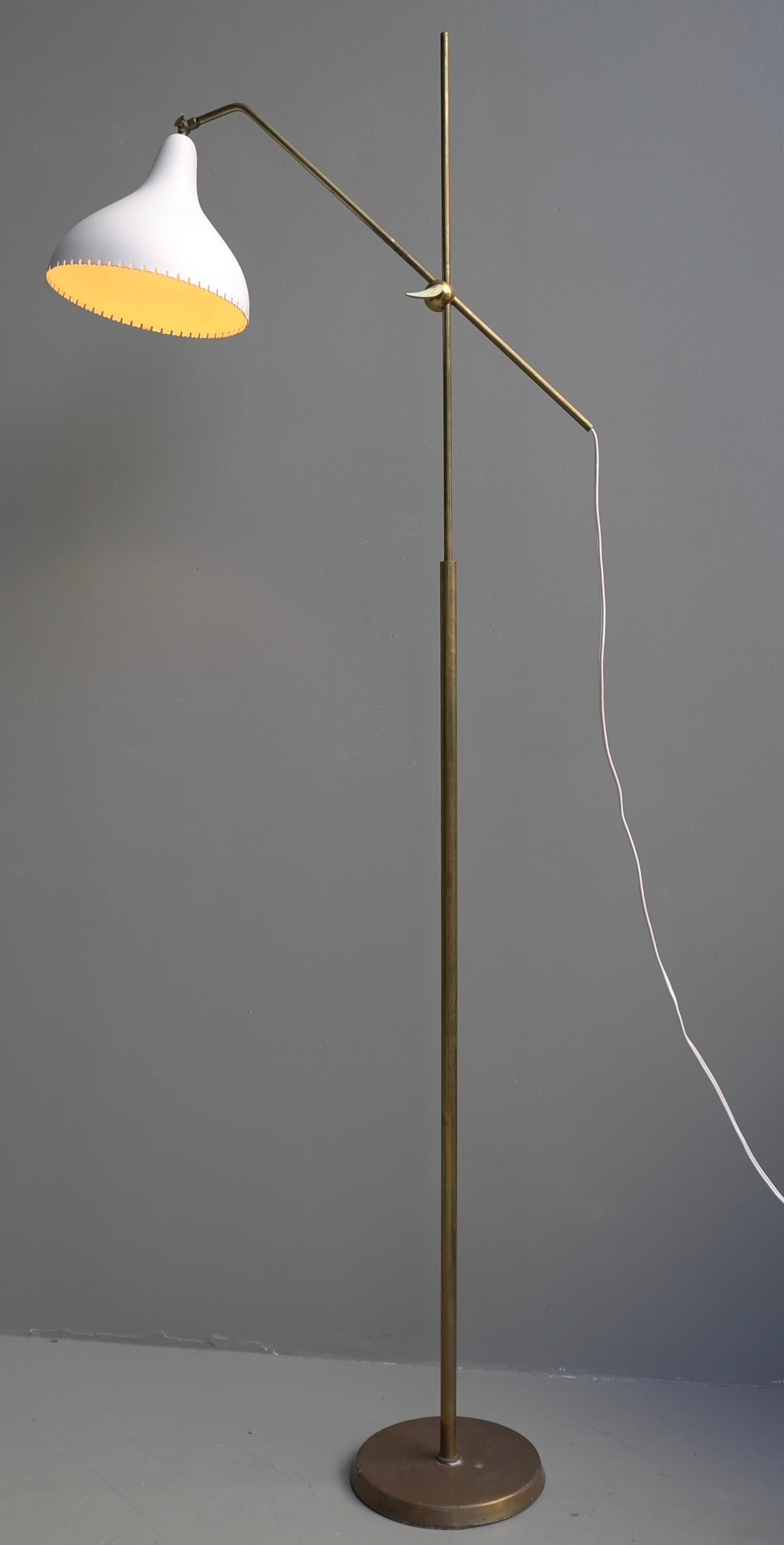 Rare Bent Karlby brass and aluminium adjustable floor lamp by Lyfa, Denmark, 1950.