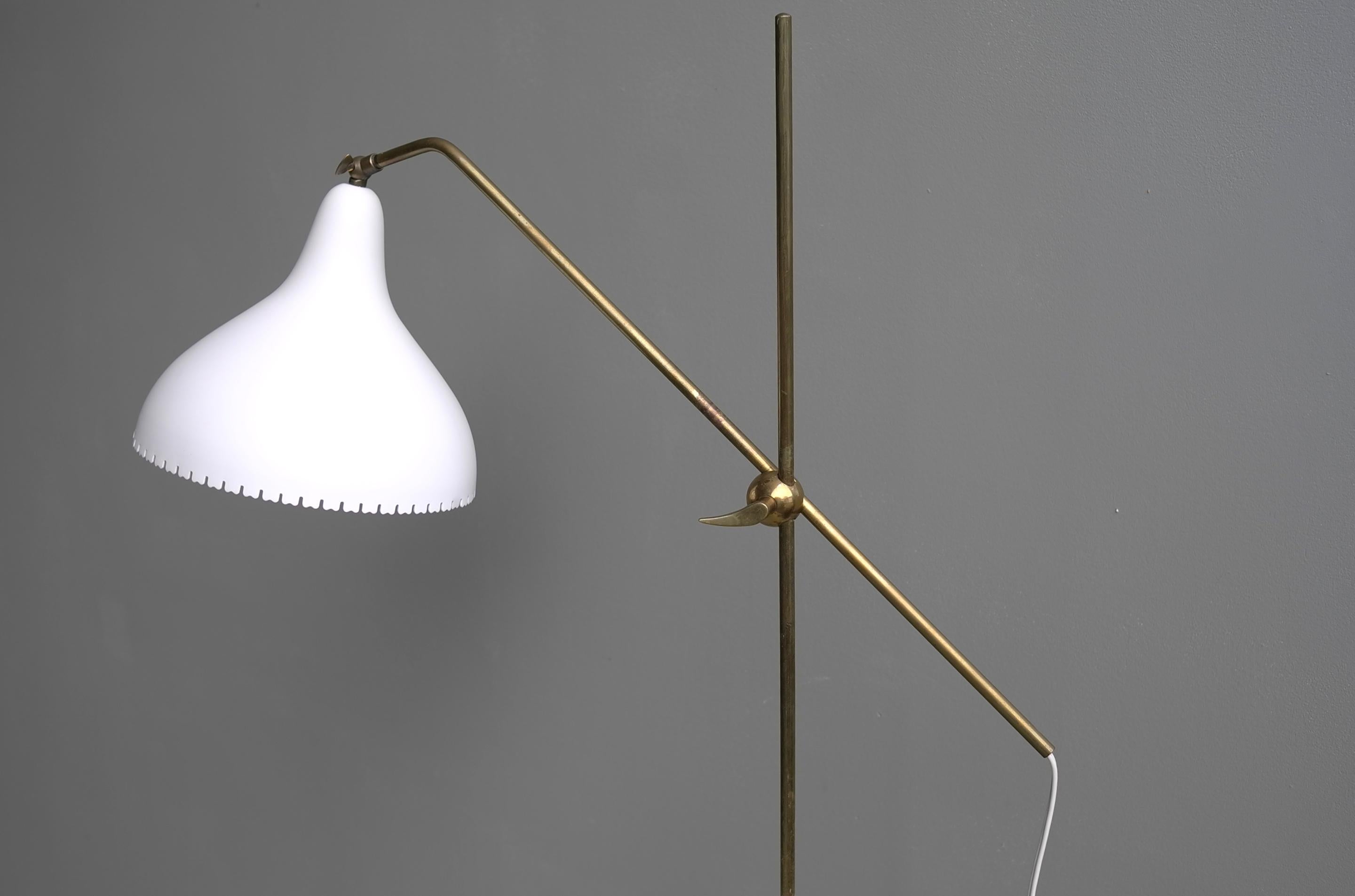 Mid-Century Modern Rare Bent Karlby Brass and Aluminium Adjustable Floor Lamp by Lyfa, Denmark 1950