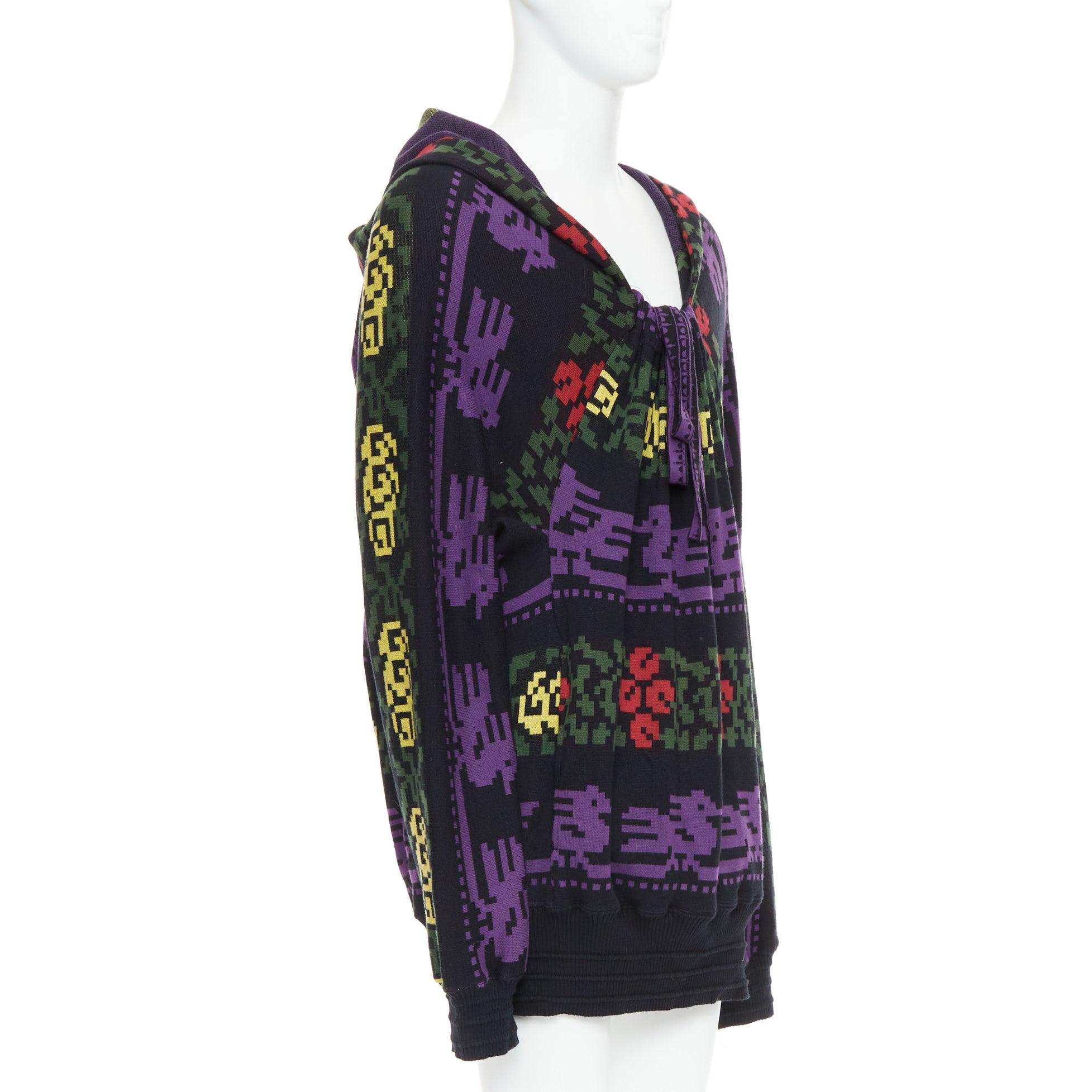 selten BERNHARD WILLHELM Vintage mehrfarbiger Pixeldruck Pullover mit Kordelzug L (Schwarz) im Angebot